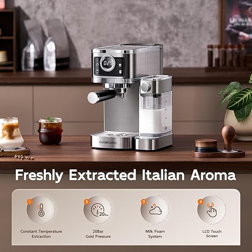 Miniatura 2 de Máquina de café expreso, máquina de capuchino de 20 barras con espumador de leche automático, cafetera de un toque para café con leche con filtros,