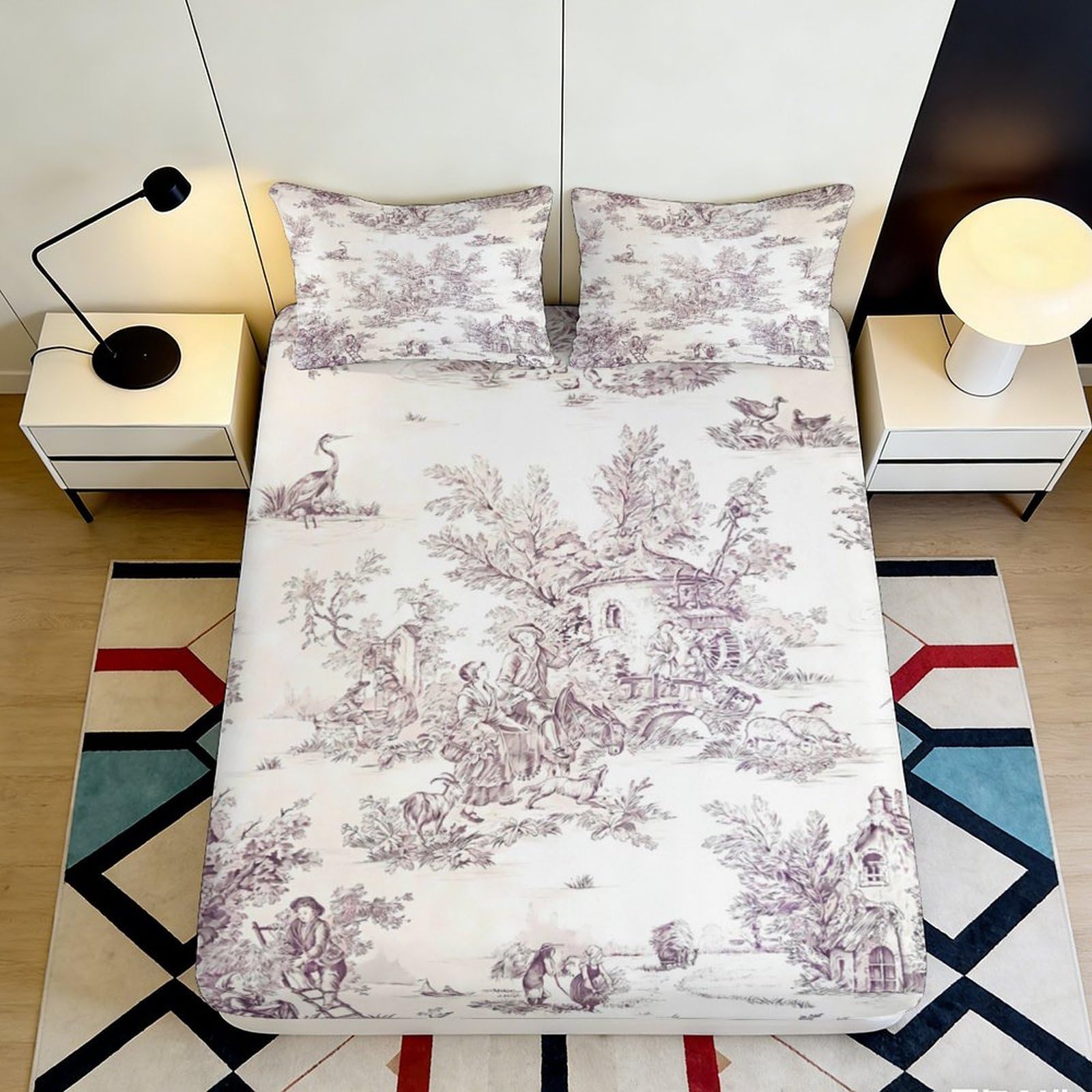 3D Printed Vintage Toile de Jouy Fitted Sheet Microfiber Soft Decor Bedroom Bed Sheet for Home Guest Room 90x200x25cm