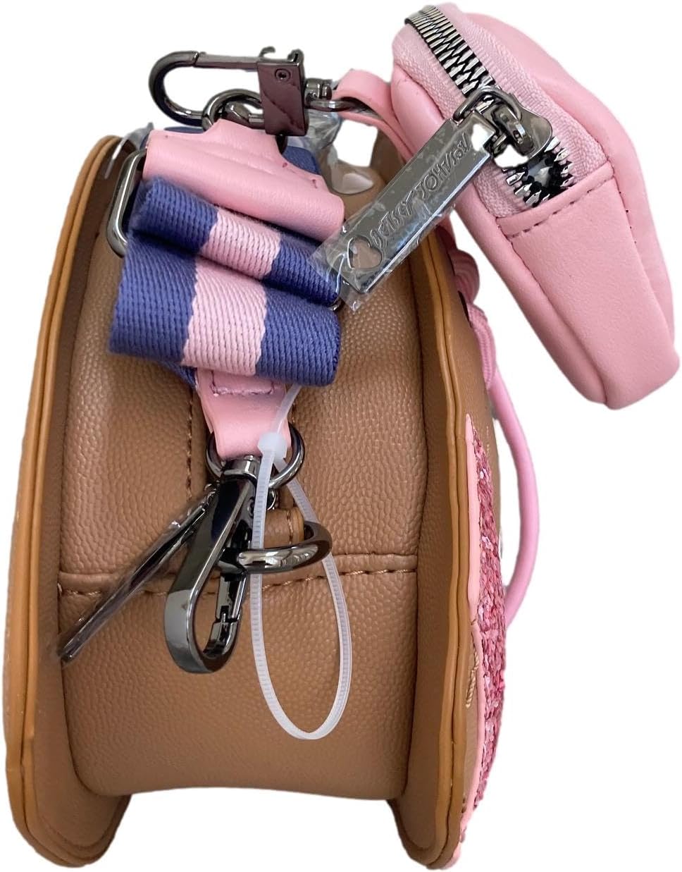 Betsey Johnson Kitsch XO FAN Brown Faux Leather Sports Football White Glitter Star Pink Embroidered Cheerleader Helmet Patches Detail with Removable Pink Zipper Pouch Crossbody Shoulder Bag Handbag