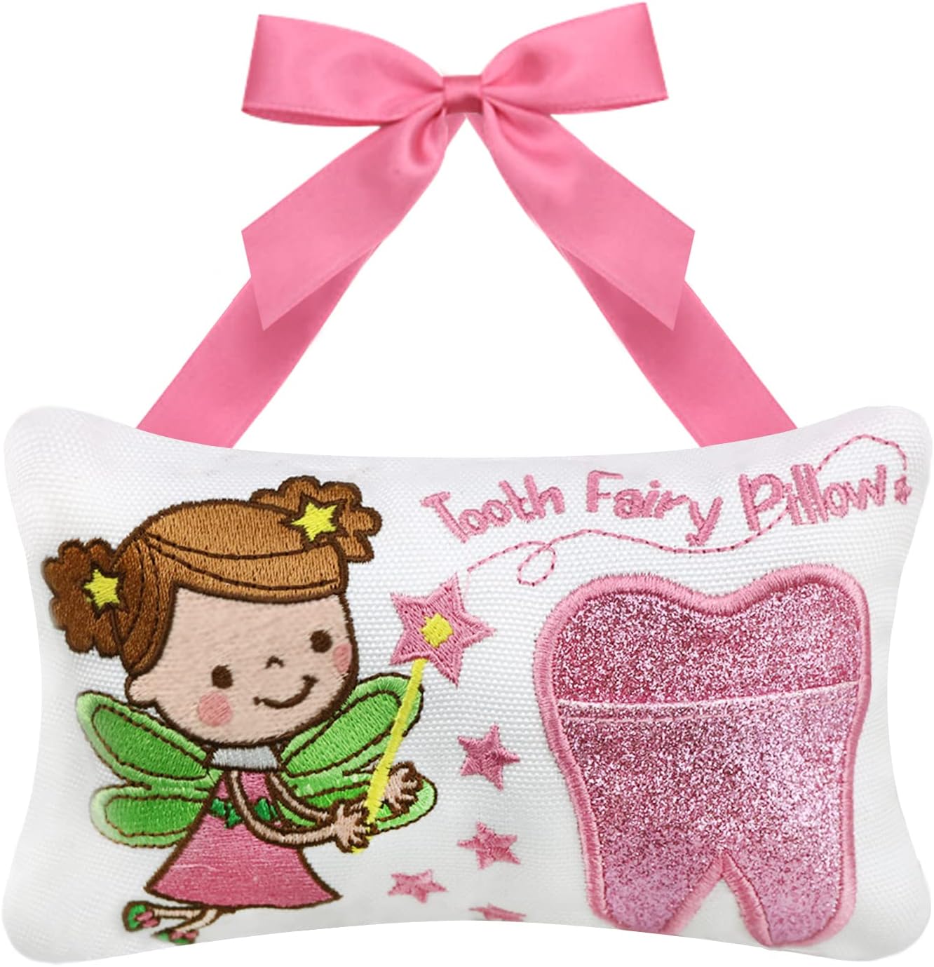 Free-Space Tooth Fairy Pillow for Boy and Girl, Embroidered Cartoon Tooth Pocket, Pink, Small