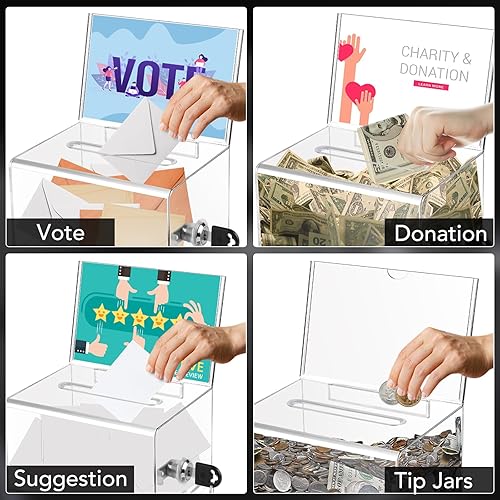 Miniatura 5 de VOISEN Caja de donación transparente con cerradura, urna con soporte para letreros, cajas de sugerencias para recaudación de fondos, tarro de