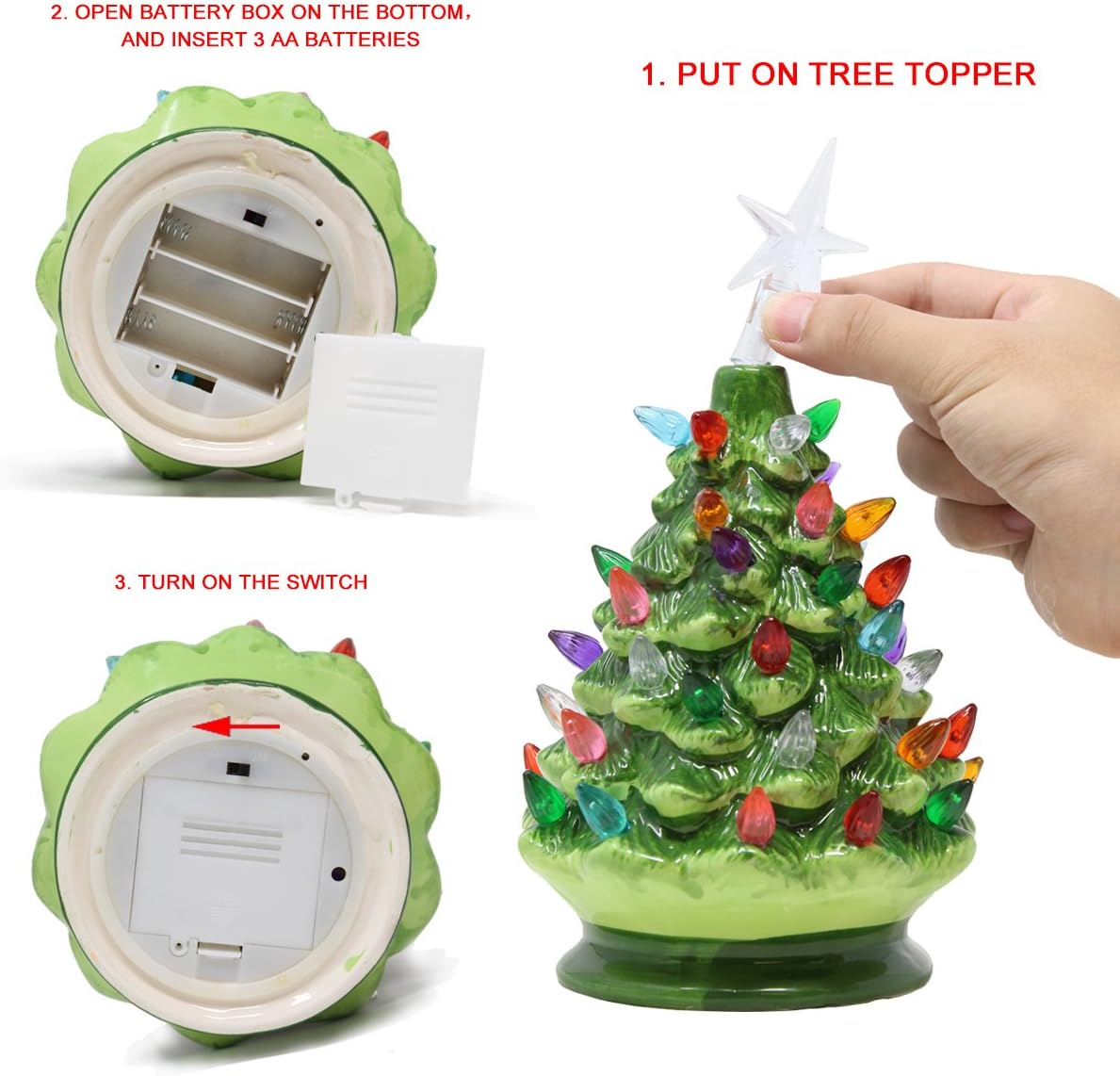 Joiedomi 9" Tabletop Prelit Ceramic Christmas Tree with LED Lights Battery Powered, Mini Hand-Painted Christmas Tree for Holiday Decoration