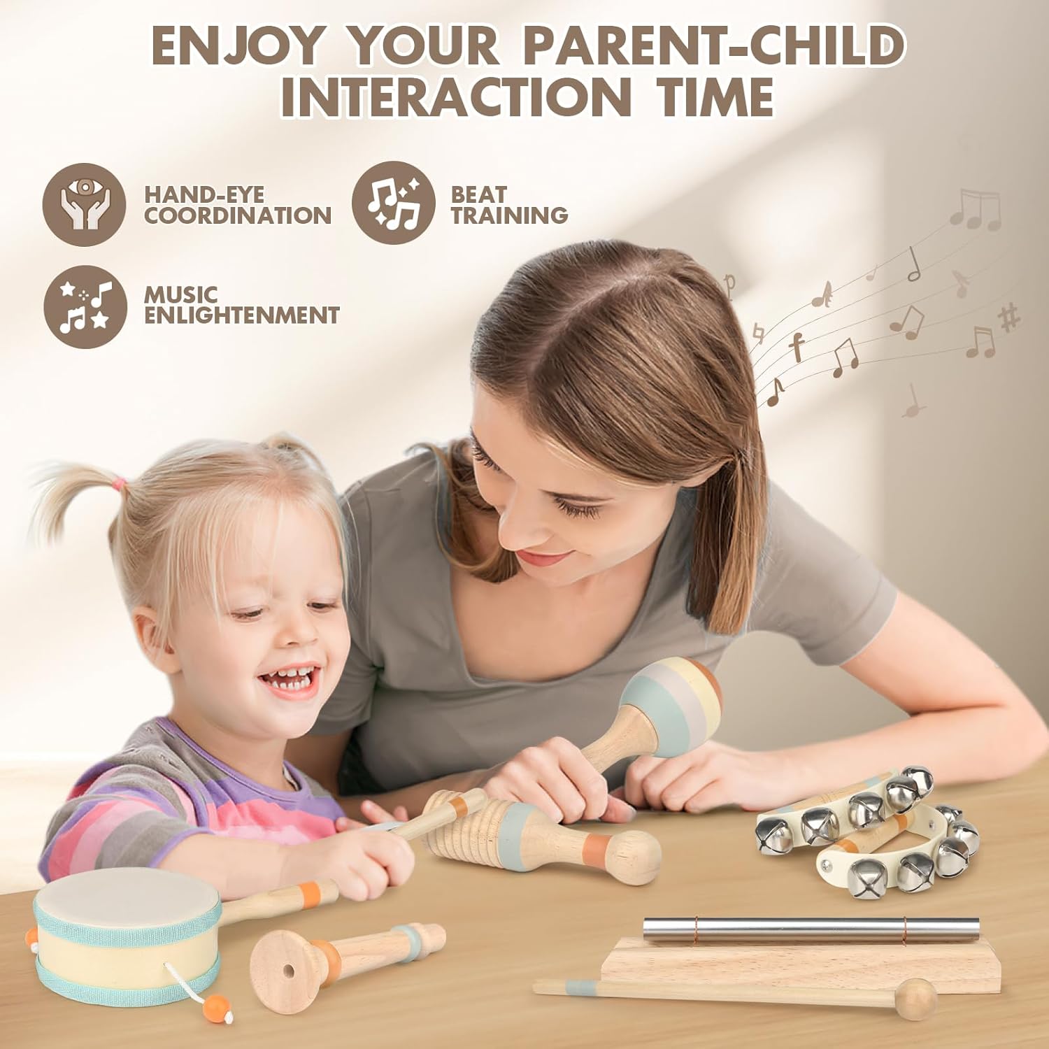 Toddler Musical Instruments - Natural Wooden Percussion Instruments Toy for Kids Preschool Educational - Montessori Music Toys for Boys and Girls Toddler Baby 1-3-5-9