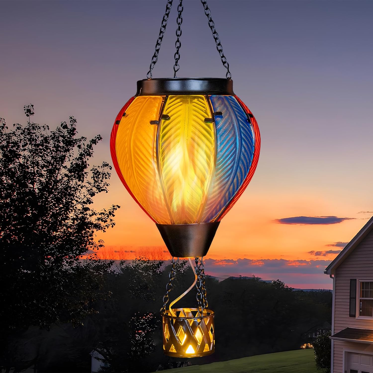 Larekook Solar Hot Air Balloon Lantern with Flickering Flame Light,Glass Hanging Garden Decor Hot Air Balloon Solar Lantern Outdoor Waterproof for Yard Patio Porch Lawn(Rainbow)