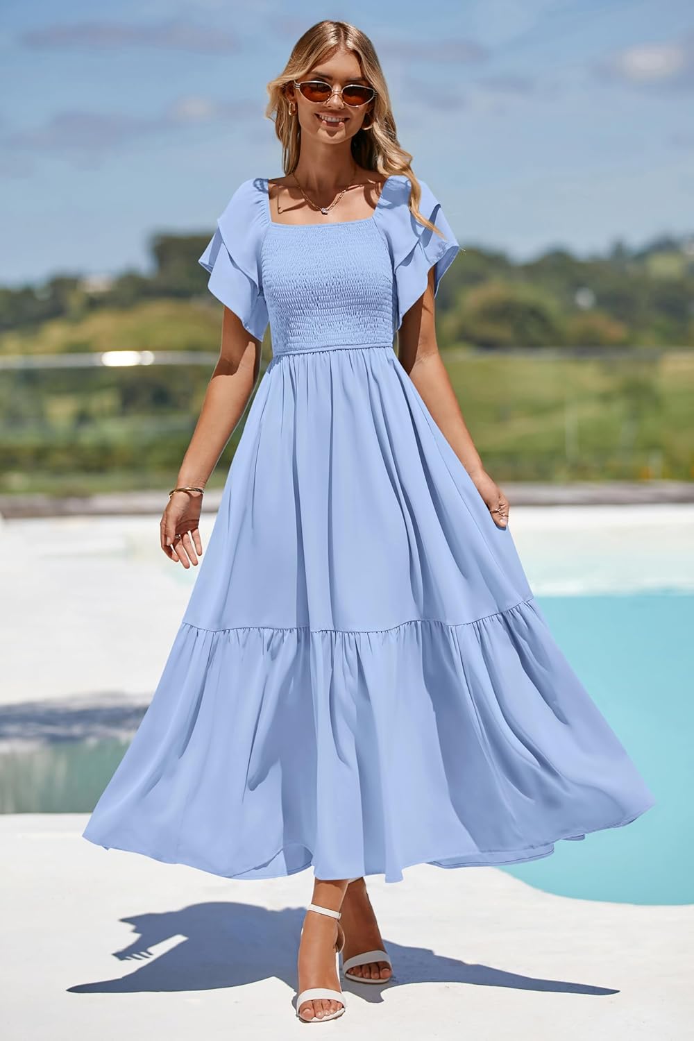 MASCOMODA Womens Summer Casual Midi Dress Square Neck Ruffle Short Sleeve Smocked High Waist A Line Wedding Guest Dresses - Image 5