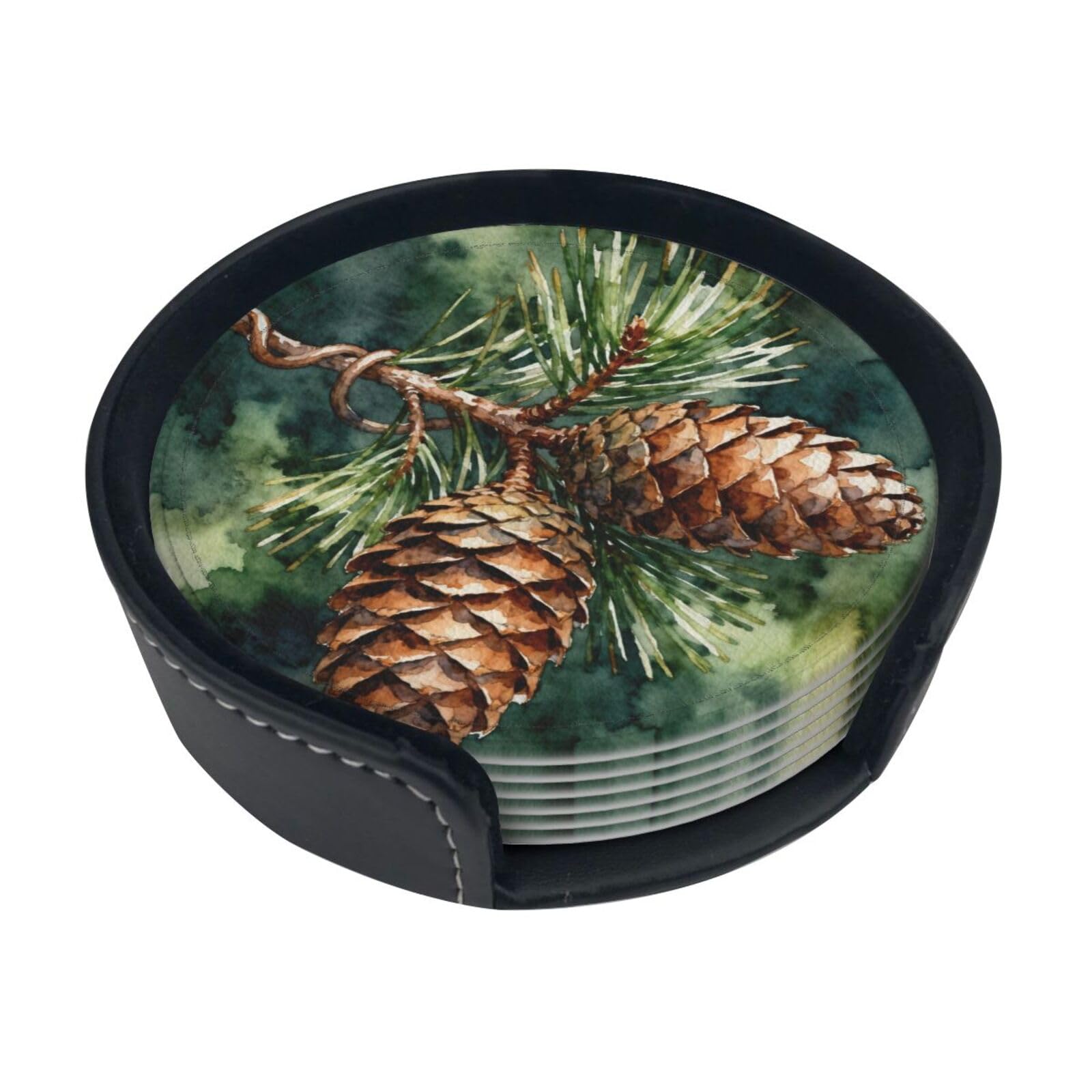 Cntdbu White Pine Cone Branch Leather Coasters Set Of 6-Pu Leather Drink Mats For Table, Heat Resistant Round Coasters With Holder