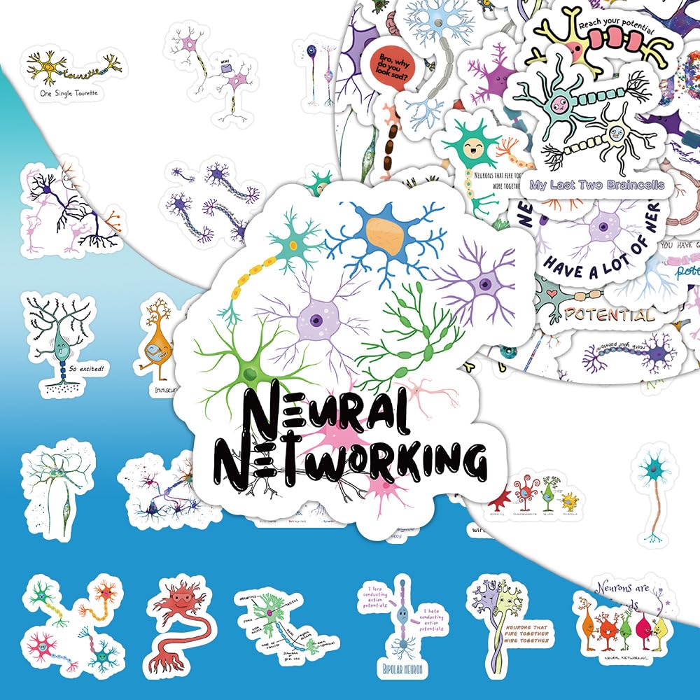 54 Pcs Neuron Stickers, Science Brain Cell Themed Stickers with Sizes 1.3-3 Inches, Waterproof Vinyl Stickers for Laptop Water Bottle Notebook, Educational Sticker for Science Lovers Kids Adults