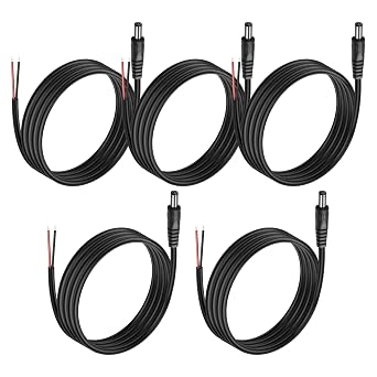 MEIRIYFA 5Pack DC 5.5mm x 2.5mm Male Plug to Bare Wire Open End Power Wire Supply 5521 Pigtail Repair Replacement Cable for CCTV Camera, DVR, LED Strip Light - 1M/3.3FT Male