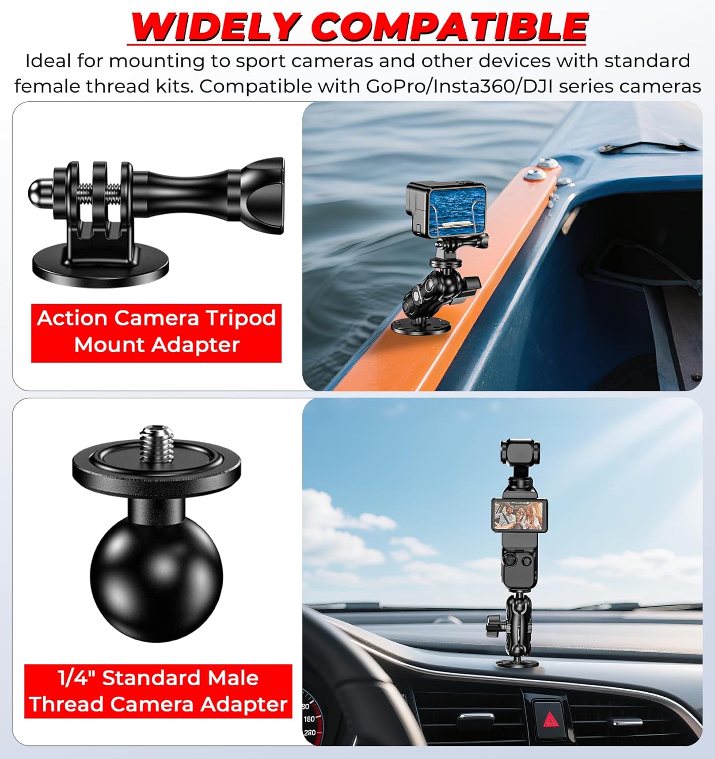 VAZESWIN Aluminum Alloy Camera Mount - with 1/4" Thread Tripod Adapter for Gopro Insta360 DJI Action Cameras, 360° Rotation Adjustable 1" Ball Mount with AMPS Hole Round Base, for Car Boat Dashboard