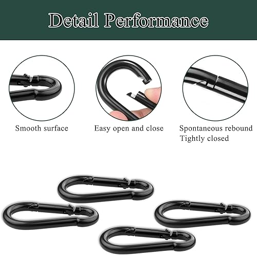 Miniatura 5 de 100 mosquetones de resorte Blcak M6, clip de mosquetón de 2-3/8 pulgadas, mosquetón pequeño resistente, capacidad de sujeción de 260 libras, gancho