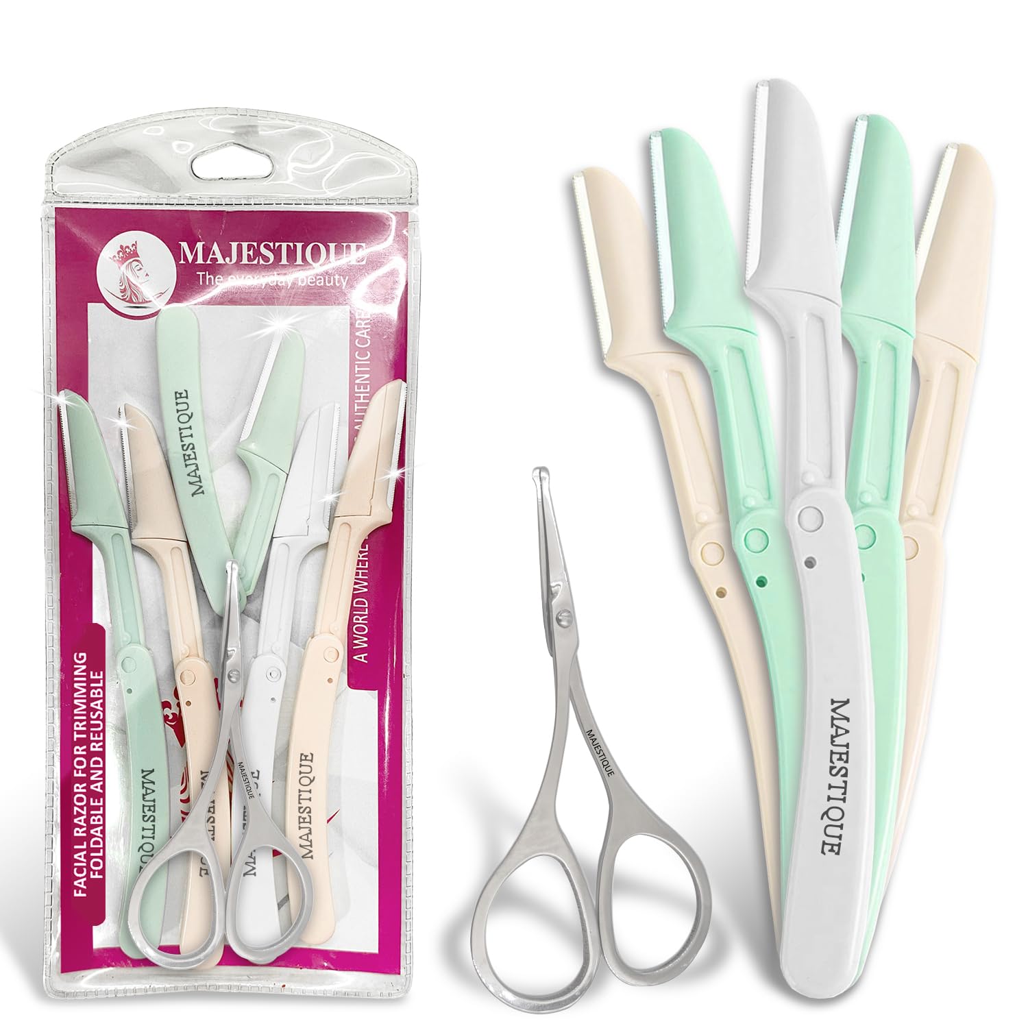 Majestique 5 Pieces Foldable Reusable Painless Hair Removal, Instant Glow Facial Hair Razor with Trendy Look Professional 1 Piece Nasal and Beauty Scissor for Women and Men (Pack of 6) (B0CLJNFBH1) Amazon Price History, Amazon Price Tracker