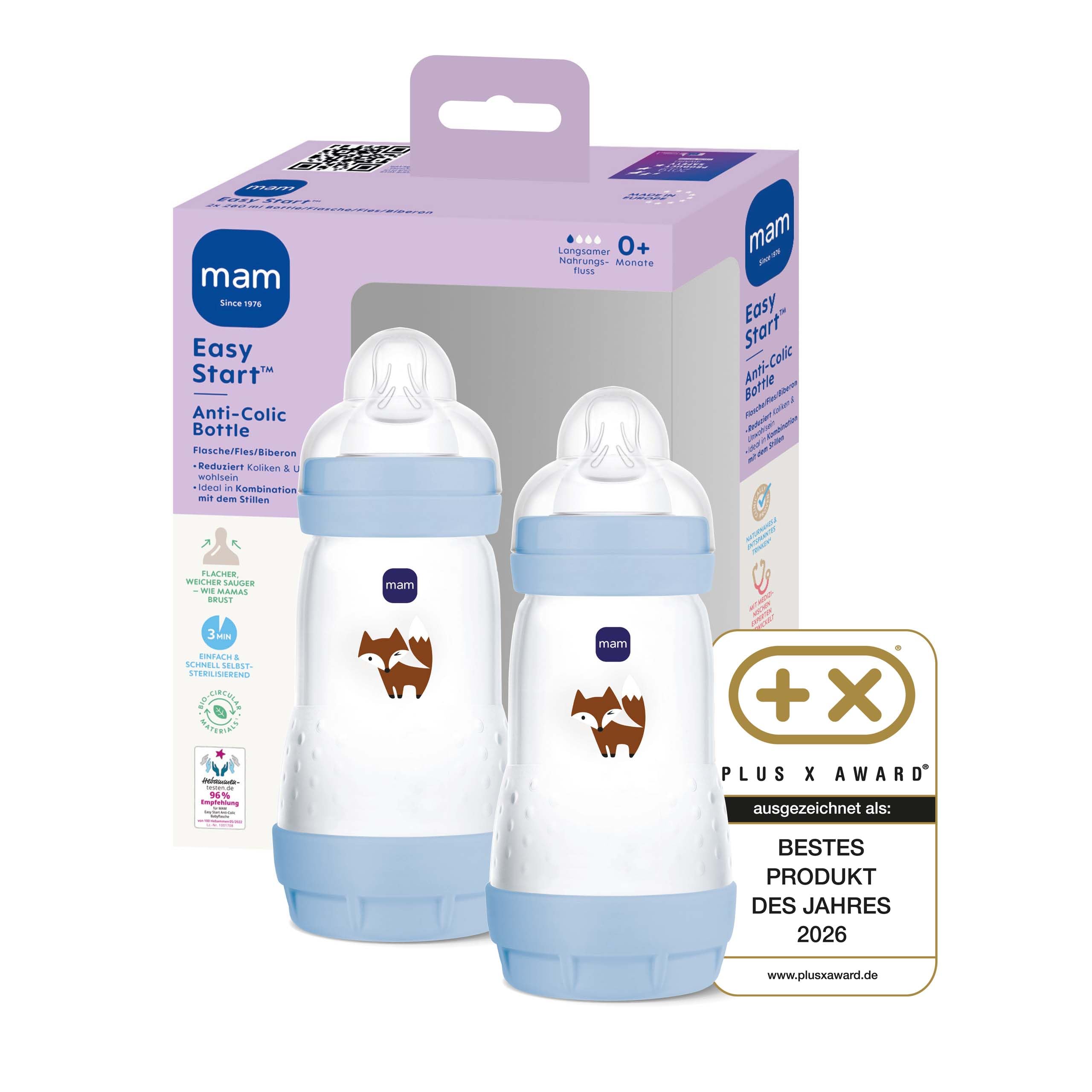 MAM Easy Start Anti-Colic Babyflasche | 0+ Monate | Testsieger | Milchflasche für Neugeborene | Weniger Koliken | stillfreundliche Baby Trinkflasche | Sauger Gr. 1 | 260ml | Fuchs | 2 Stück