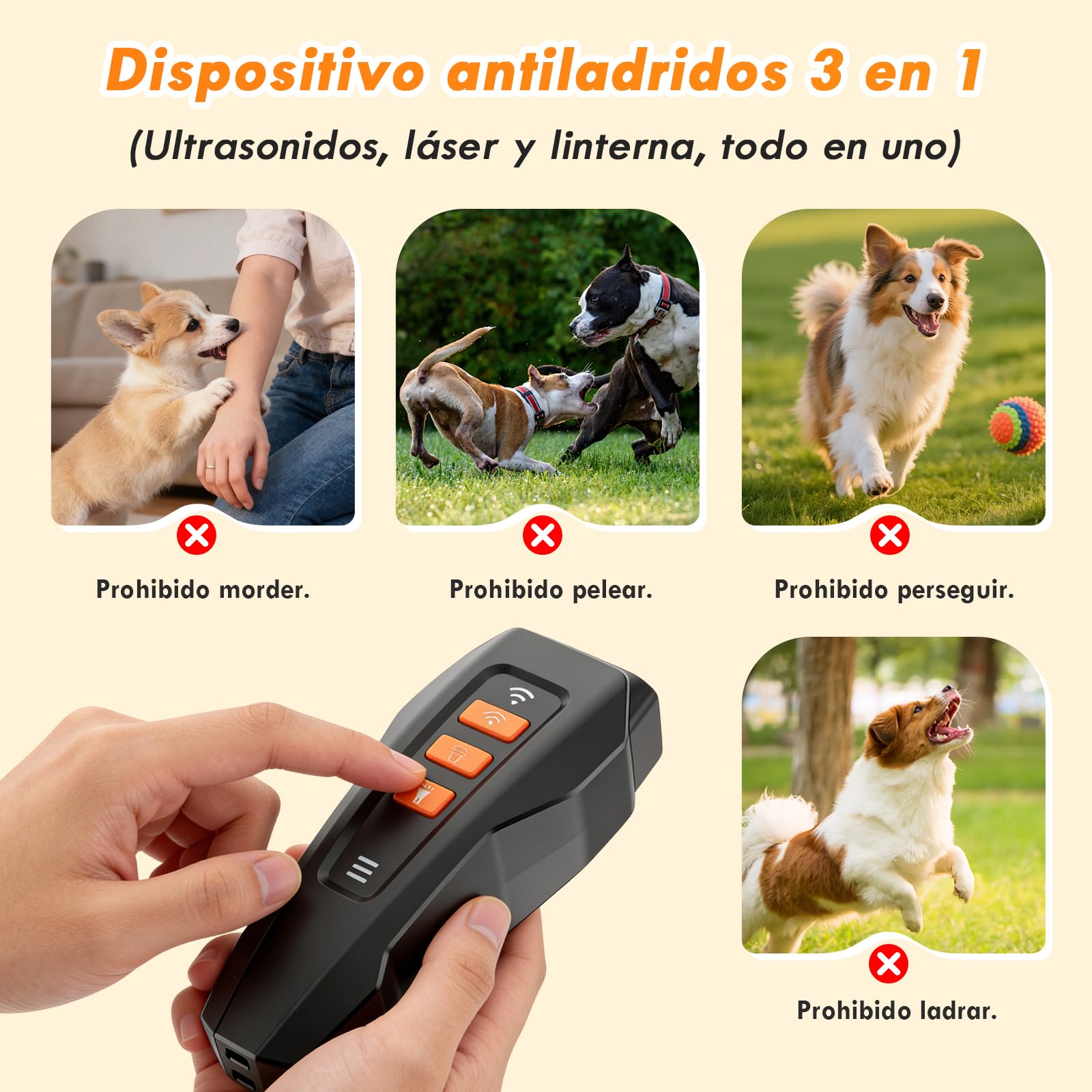 Antiladridos Para Perros Ultrasonido, 3 Frecuencias Ajustables Ahuyentador De Perros Ultrasonidos, Rango De 33 Pies, Con Linterna Dispositivo Antiladridoss Recargable Con Luz Led Pequeños y Grande