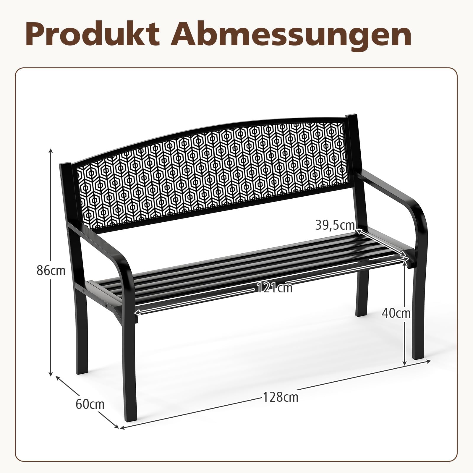 FANTASK Gartenbank für 2 Personen, Eisenbank für Garten, Terrasse, Balkon Metall mit Armlehne (Schwarz), 128 x 60 x 86 cm