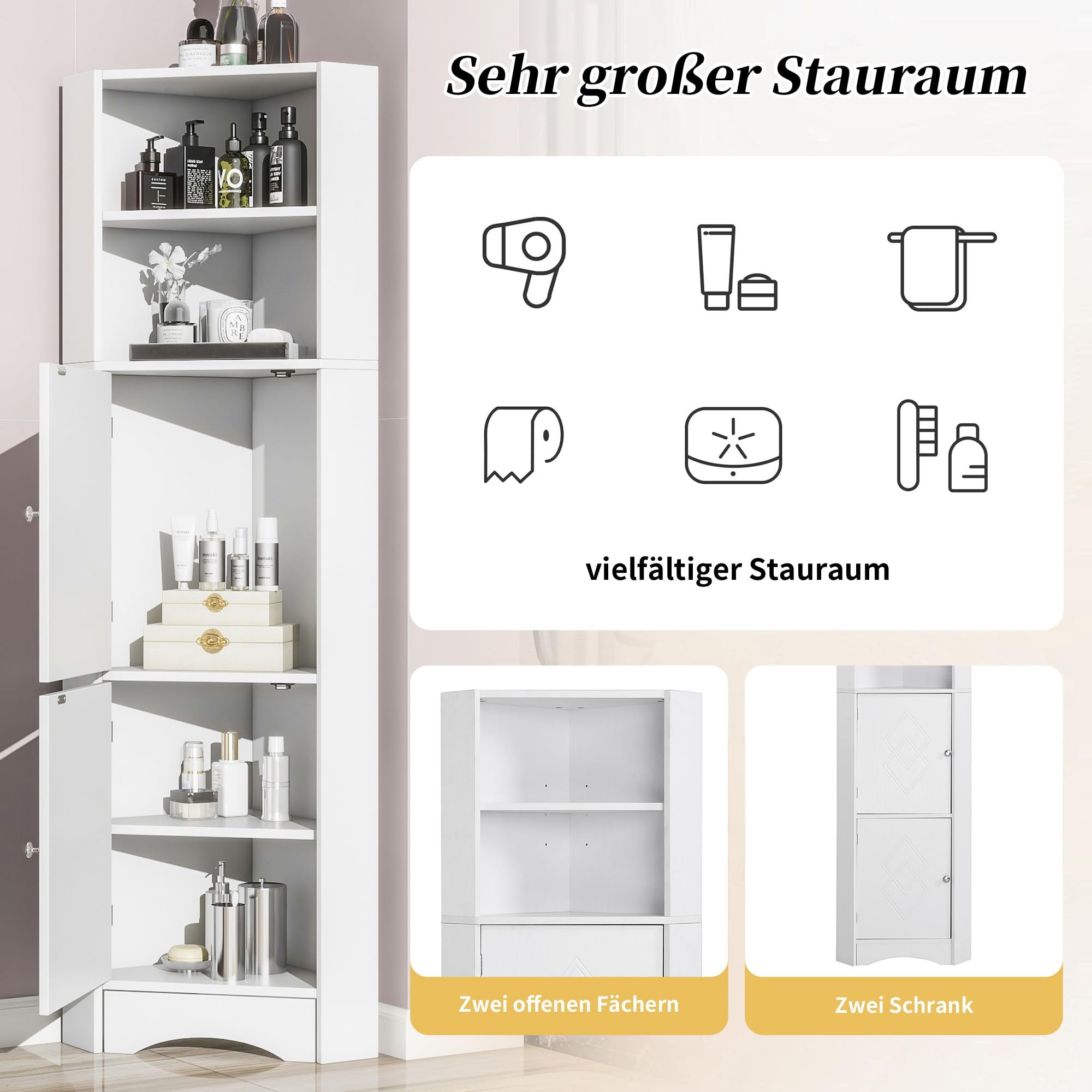 Kebnor Badschrank, Badmöbel, Eckschrank mit Zwei Ablagefächern, offenes Fach mit verstellbarem Einlegeboden, 36.5X 36.5 x 155 cm (weiß)