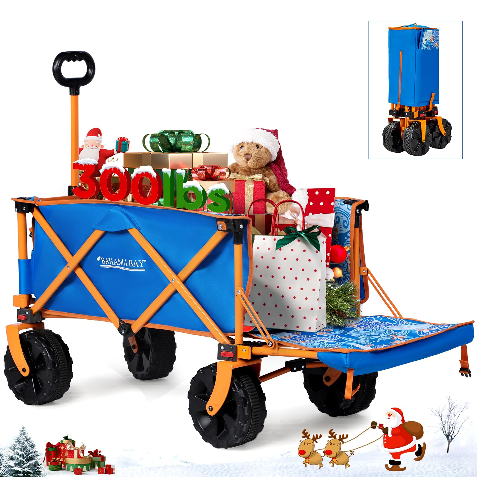 300lbs Extra Long 49" L Beach Wagon with Big Wheels for Sand, Collapsible Utility Beach Cart Heavy Duty Folding Wagon,Ideal for Outdoor Sand Camping Garden Pet