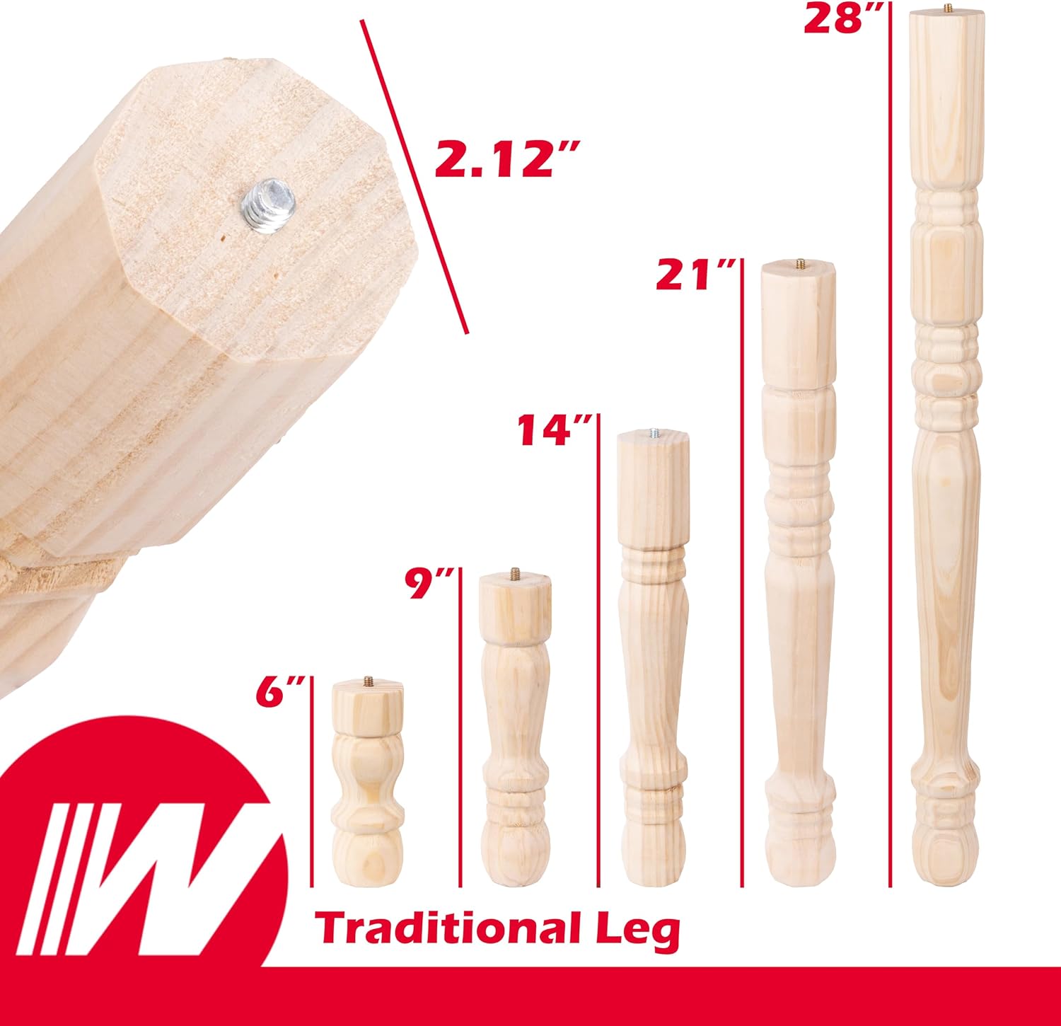 Waddell Traditional Pine Table Leg (1 Count, 28" H) | Quick Mount Decorative Wood Legs with 5/16" Hanger Bolt | Replacement Unfinished Furniture Legs for Crafts, Renovating, Upcycling DIY Home Decor