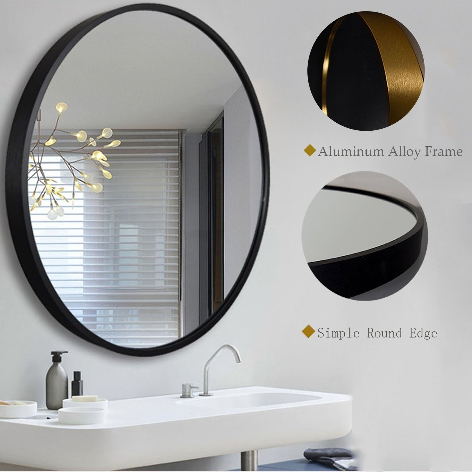 Specchio da Trucco Rotondo per Il Bagno, Specchio da Parete Moderno con Cornice in Lega, Specchio per Il Trucco da Toeletta HD, per Camera da Letto O Soggiorno, Nero/Oro(Nero,50cm/19.69in)