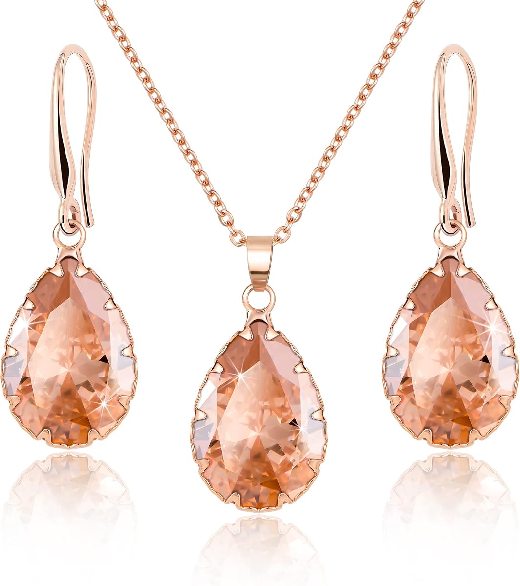 Conjuntos de joyas de cristal para mujer, collar con colgante de diamantes de imitación, pendientes colgantes con diamantes de imitación, joyería de boda a juego con circonita cúbica, oro de 14 quilates, oro rosa y plata