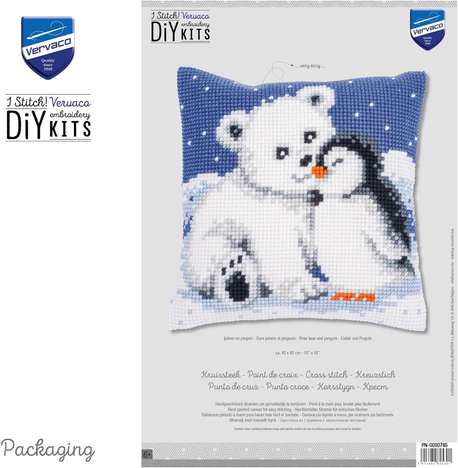 Vervaco Cross Stitch Cushion Kit White Bear&Penguin, ecru, ca. 40 x 40 cm