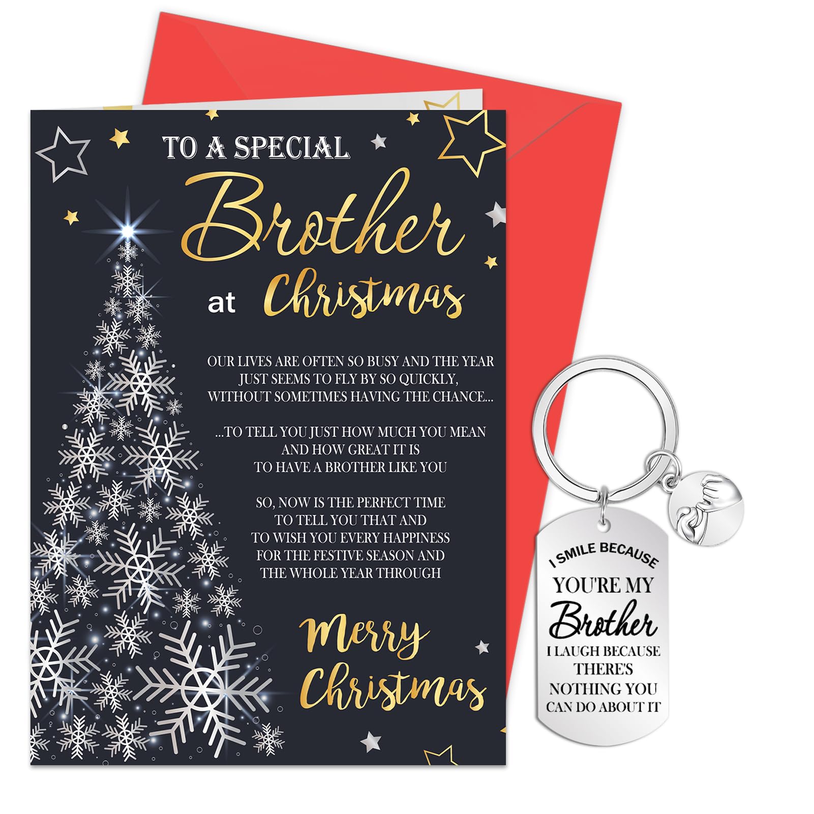 DPKOW Brother Christmas Card Gifts, Xmas Keyring Keychain Christmas Greeting Card with Envelope, Special Brother Gifts for Stocking Fillers Men Festival Holiday Birthday Gift