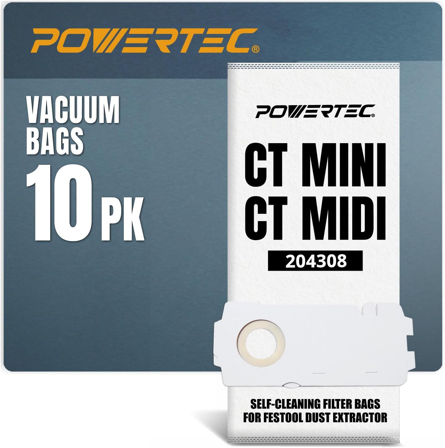 POWERTEC 496187 Selfclean Filter Bags for Festool CT26 Dust Extractor, Vacuum Bags for Festool CT26, CT26 E, CTL26, CTM26, 10 Pack (75037-P2)