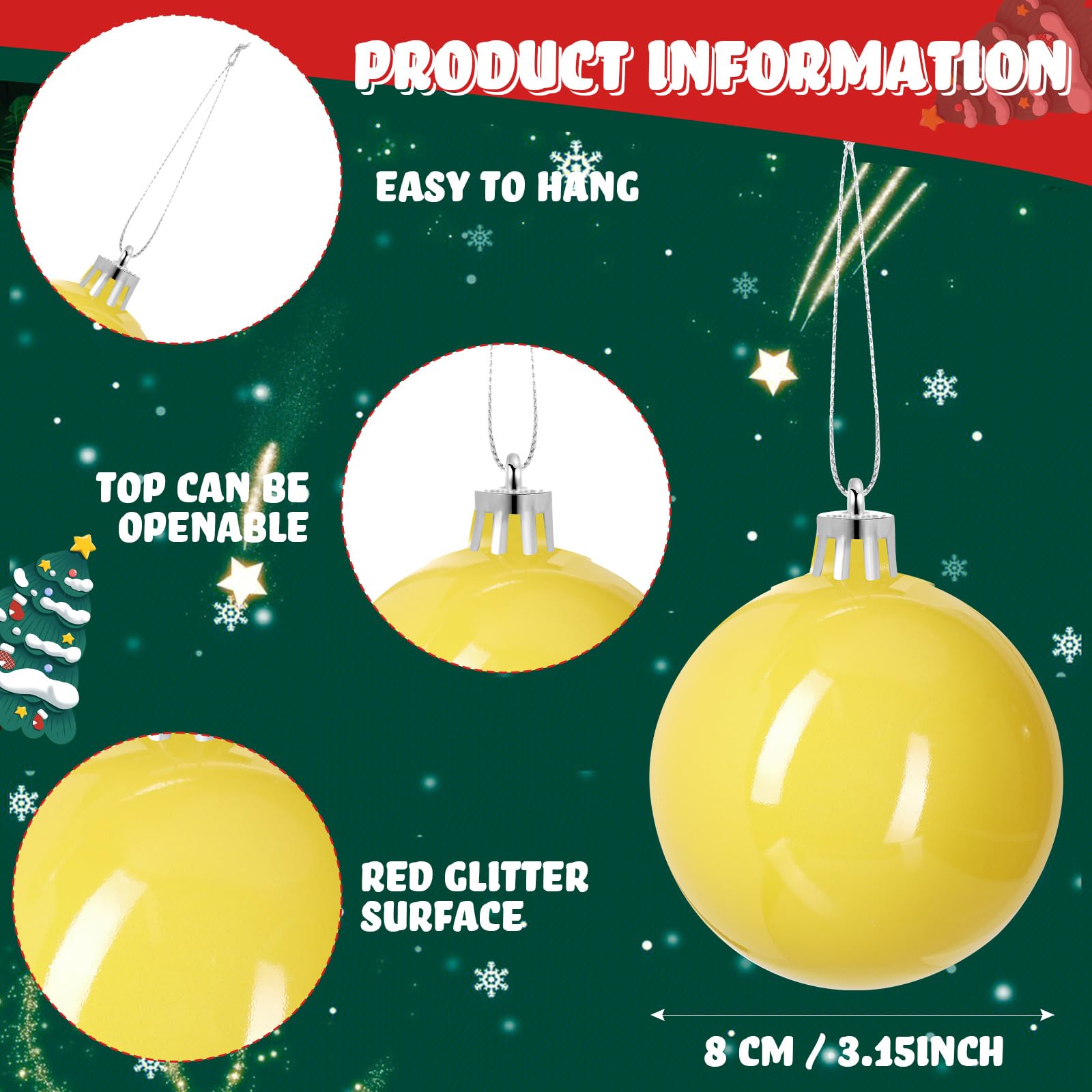 Lot de 12 boules de Noël brillantes pour sapin de Noël à suspendre - 8 cm - Jaune