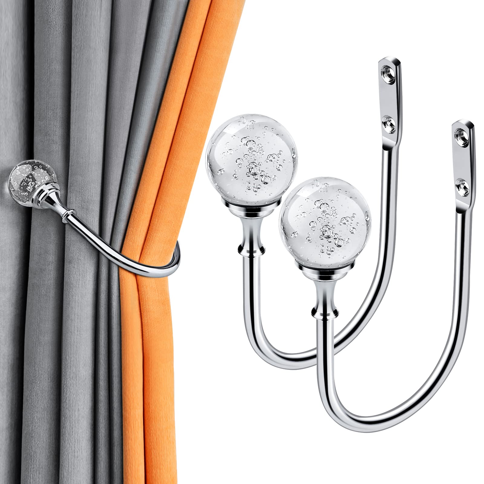 Dawitrly 2 PCS Metal Curtain Holdbacks, U Form Bubble Crystal Ball Wall Mounted Curtain Tie Backs Hook, Decorative Curtain Hook Back with Screws for Living Room, Bedroom, Study Room