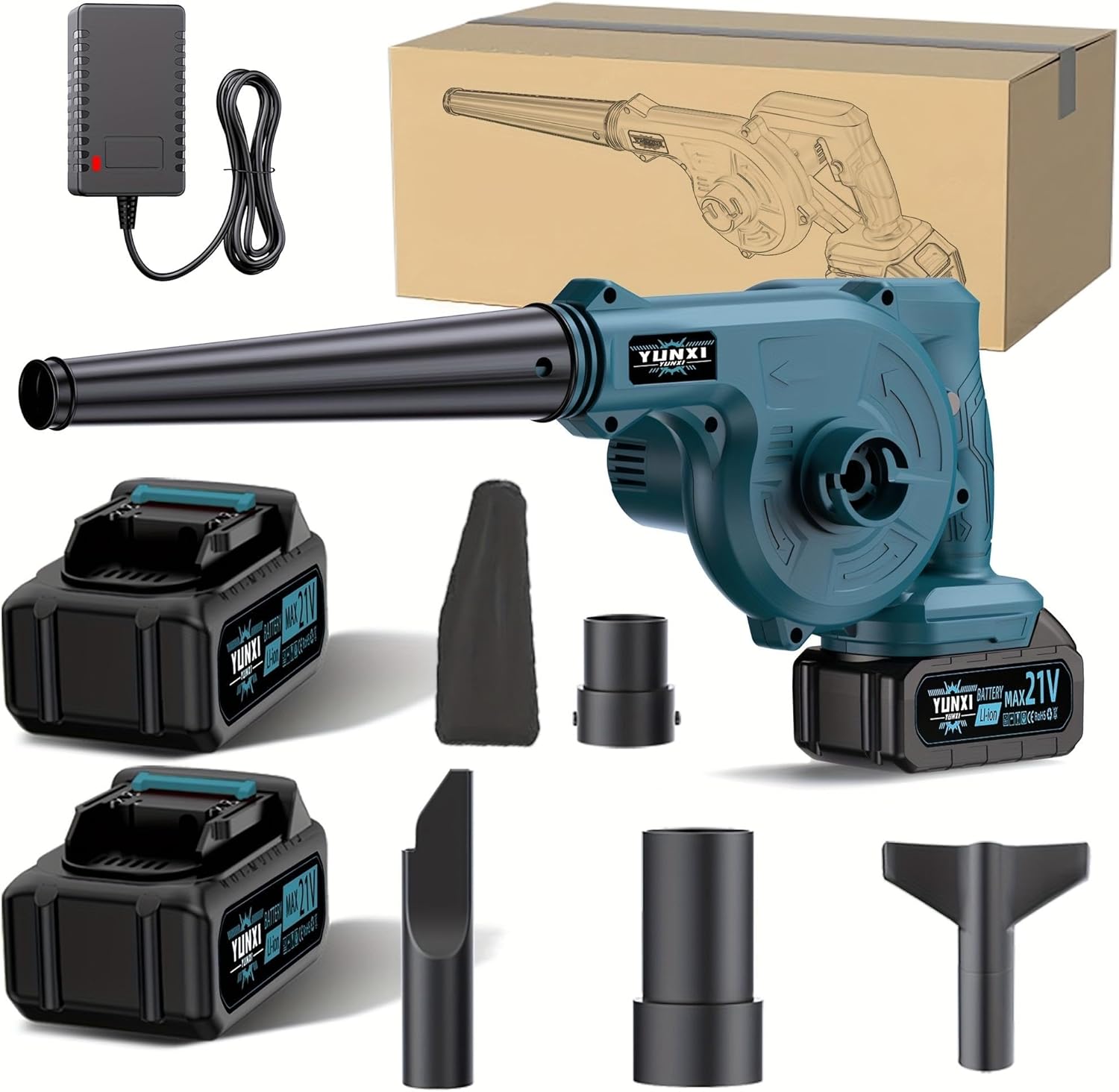 Cordless Lithium-ion Leaf Blower, Featuring a Lightweight Design, Extended Nozzle, and Ergonomic Handle, Suitable for lawns, patios, and driveways (Blue + Enhanced Battery*2 + Multiple Accessories)