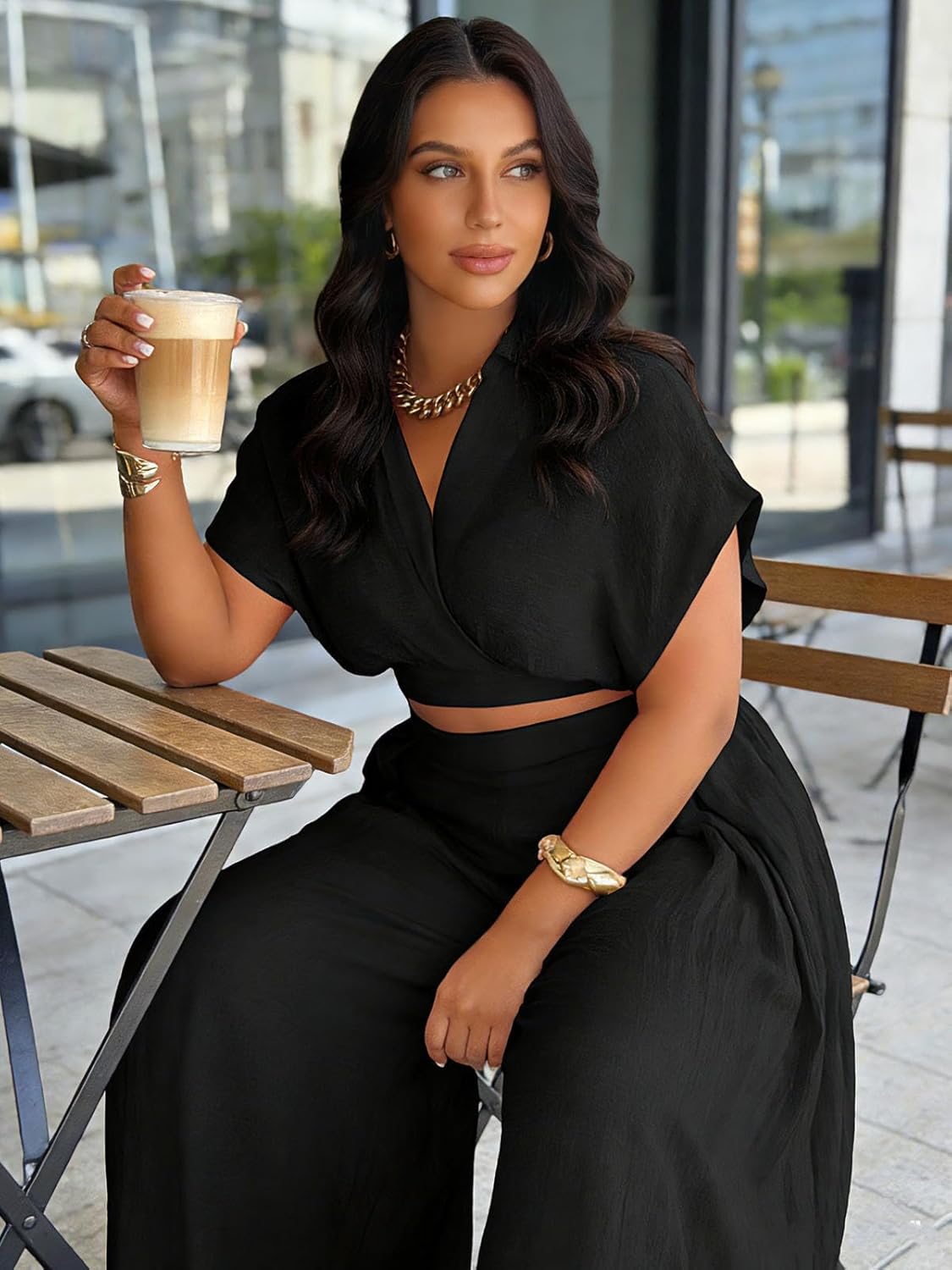 Women's Casual Linen 2 Piece Outfits Wrap V Neck Crop Top and Wide Leg Pants Sets Vacation Summer Club Outfits - Image 3