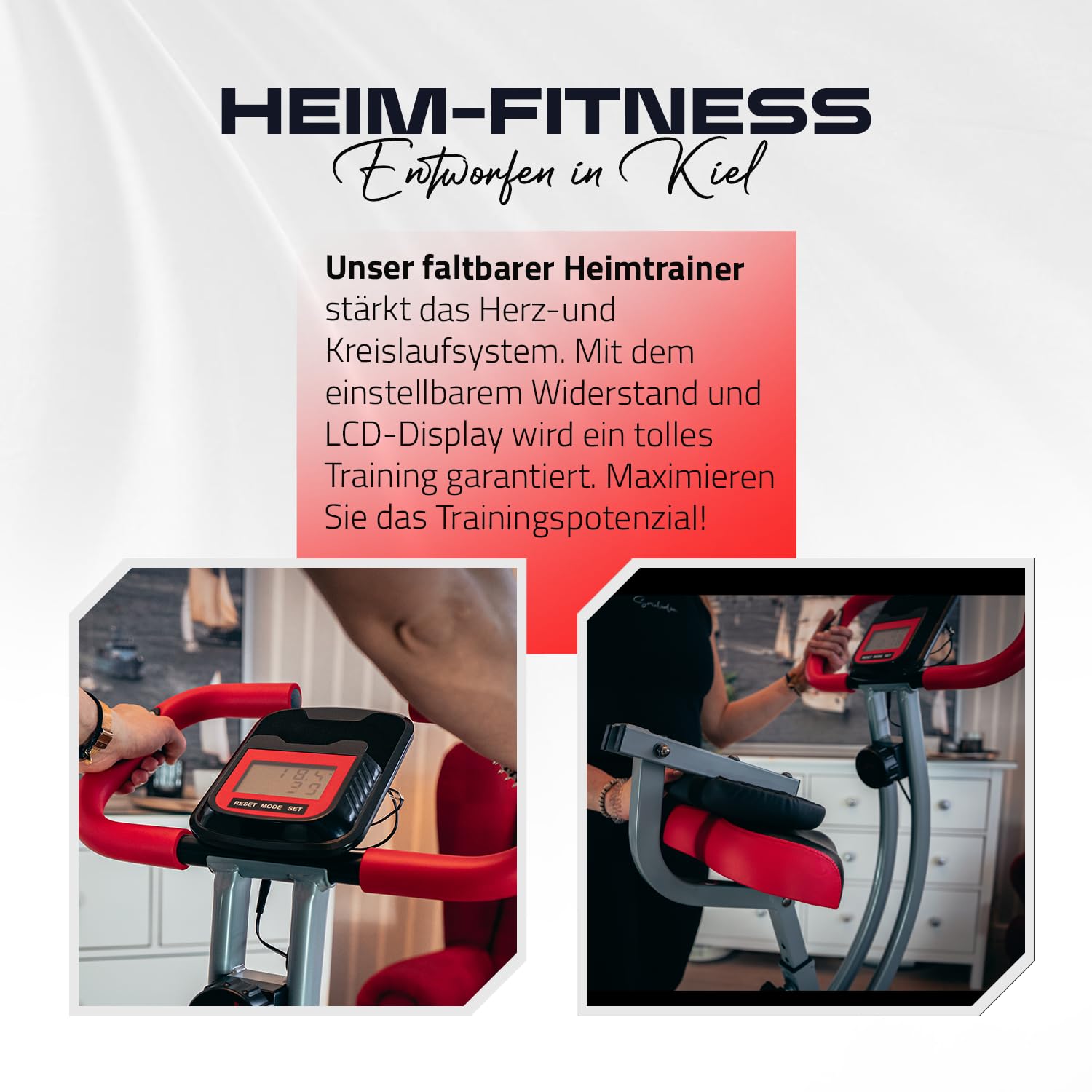 Senioren Heimtrainer, faltbarer Fahrradtrainer, Heimtrainer, Fitnessfahrrad LCD Trainingscomputer, klappbarer Hometrainer, inklusive Pulsmessung, 8 Widerstandsstufen