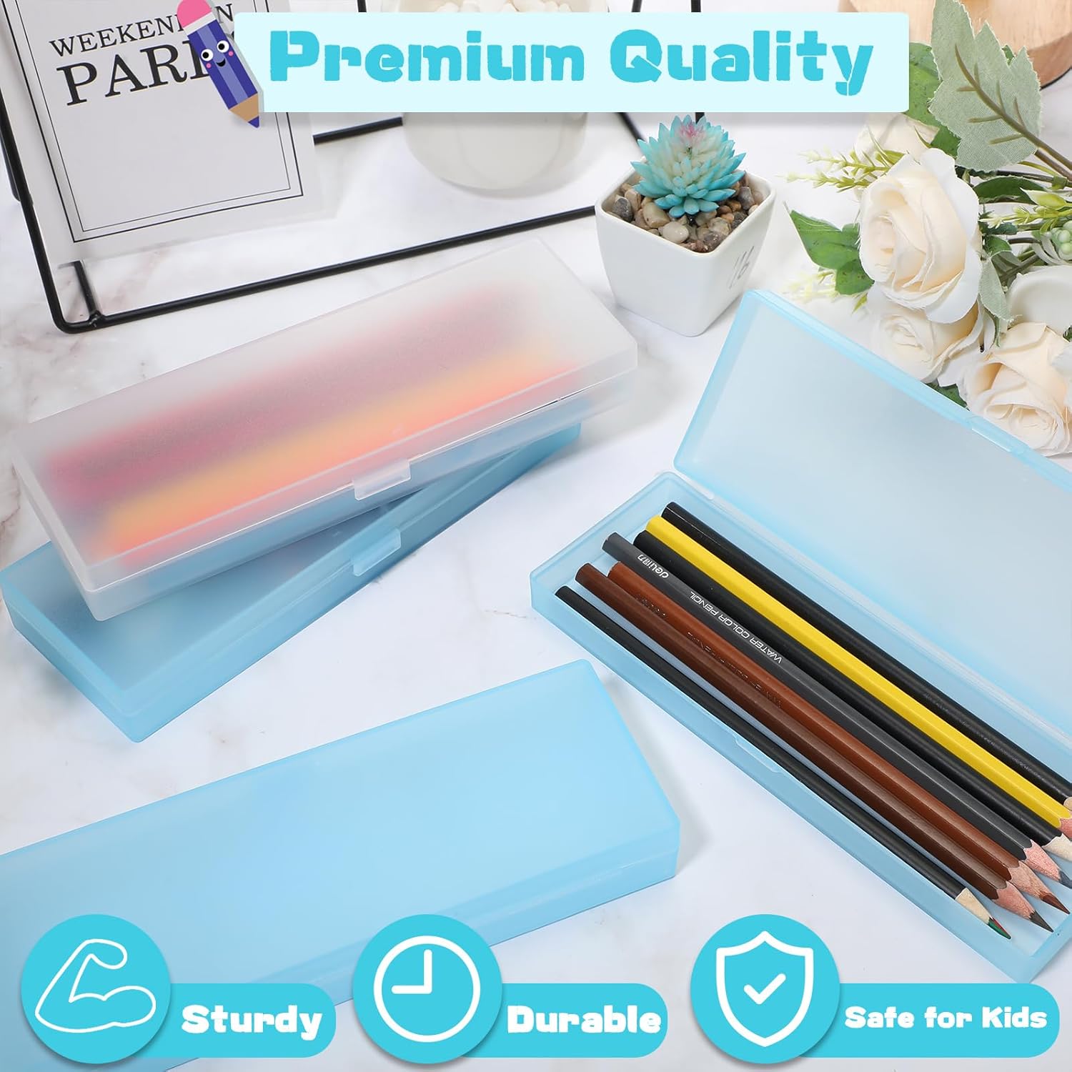 Fainne 36 Pcs Plastic Pencil Case Bulk Plastic Pencil Boxes Frosted Pens Holder with Hinged Lid and Snap Closure for Stationery Organizer School Office (White Blue)