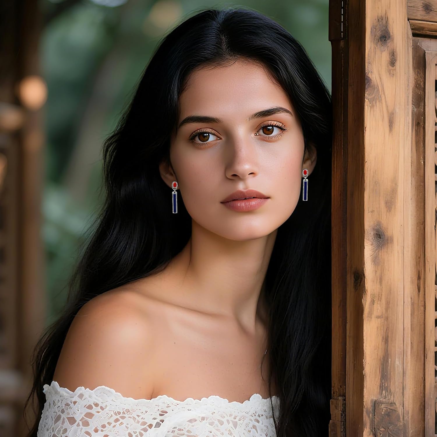 Boho Lapis Lazuli Earrings for Women Long Red and Blue Natural Stone Stud Earrings Bar Dangling - Image 3