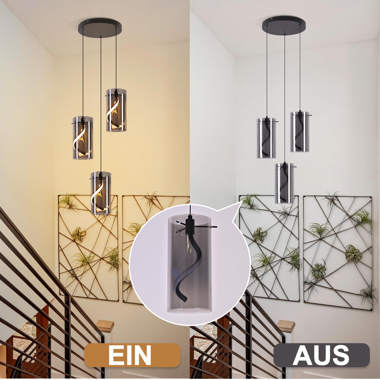 LED Hängelampe Esstisch 3-flammig, 33W Hängelampe aus Rauchglas | Höhenverstellbare Pendellampe Vintage Industrial, Warmweiß 3000K, Moderne Esstischlampe für Esszimmer, Küche und Wohnzimmer