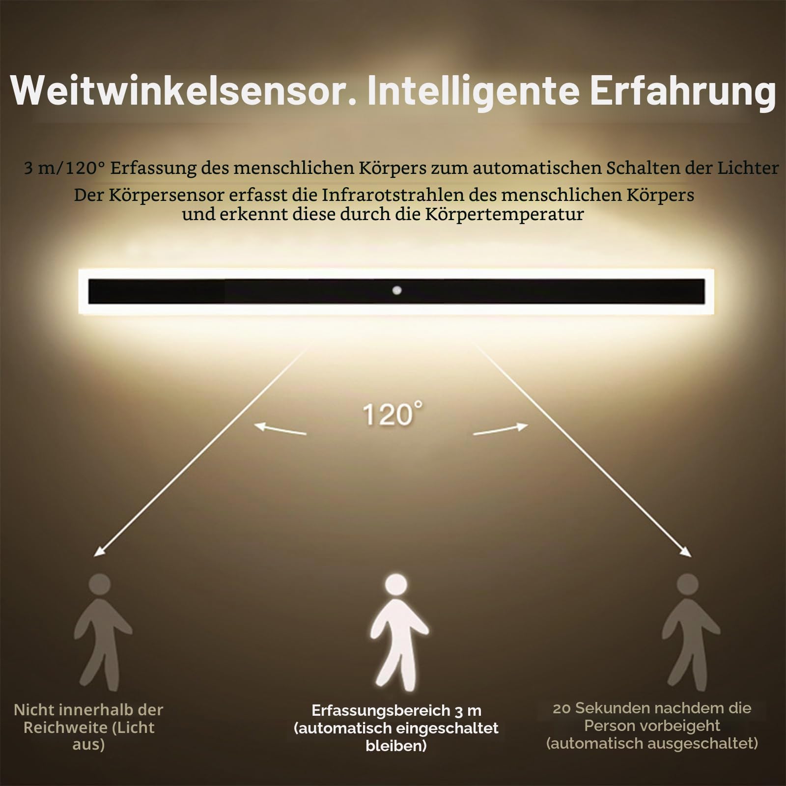 LED Lange Wandleuchte mit Bewegungsmelder Außen Innen IP65 Wasserdicht Außenwandleuchte Modern Wandlampe Acryl Außenlampe Schwarz Gärten Korridor Terrassenbeleuchtung (Warmes Licht,100CM)