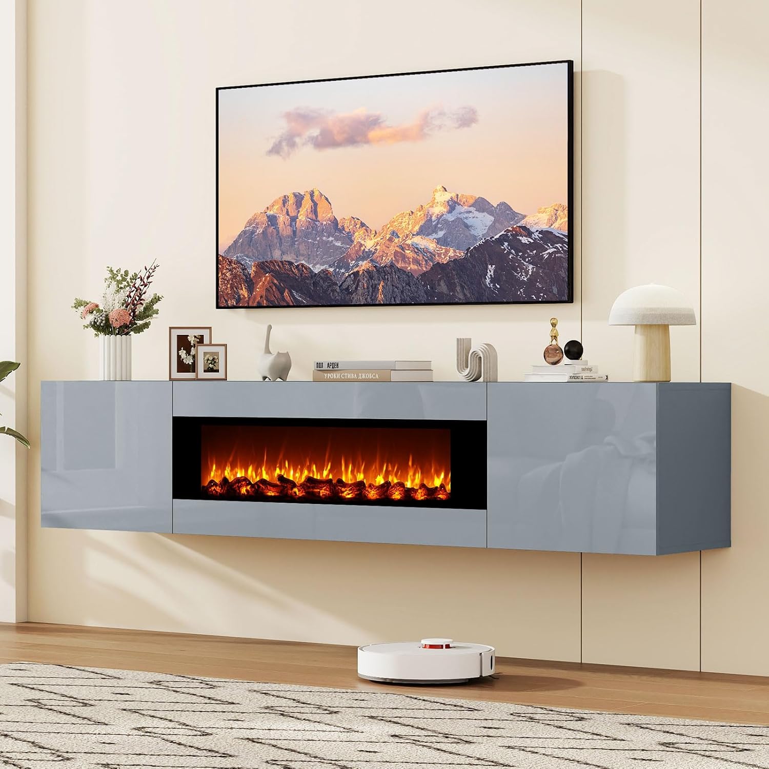 70" Wall Mounted Floating TV Stand with 36" Electric Fireplace, High Gloss Floating Entertainment Center TV Shelf for TVs Up to 80", Grey Fireplace Media Console Table Floating TV Cabinet Living Room