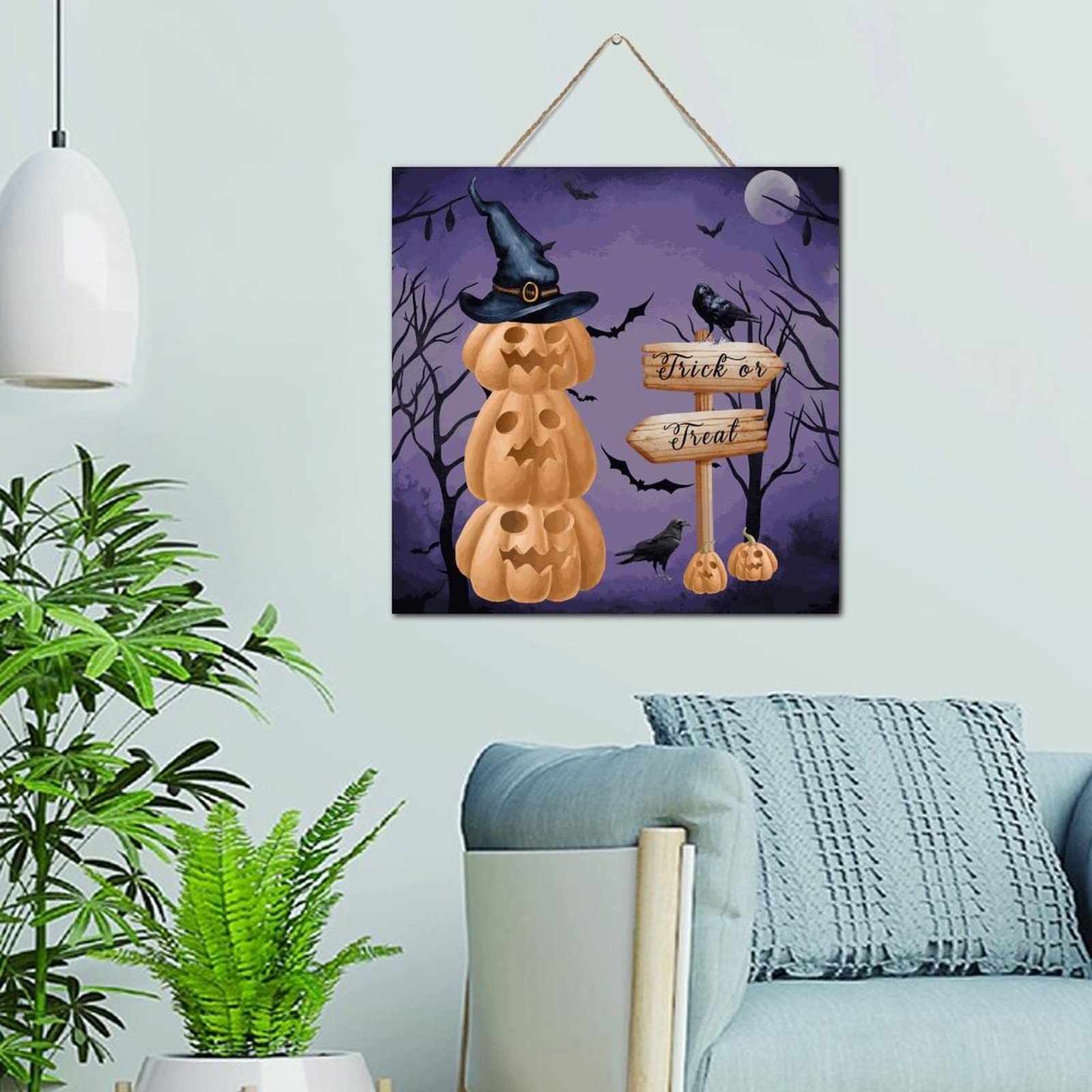 Décoration murale en bois Halloween avec motif citrouille effrayante