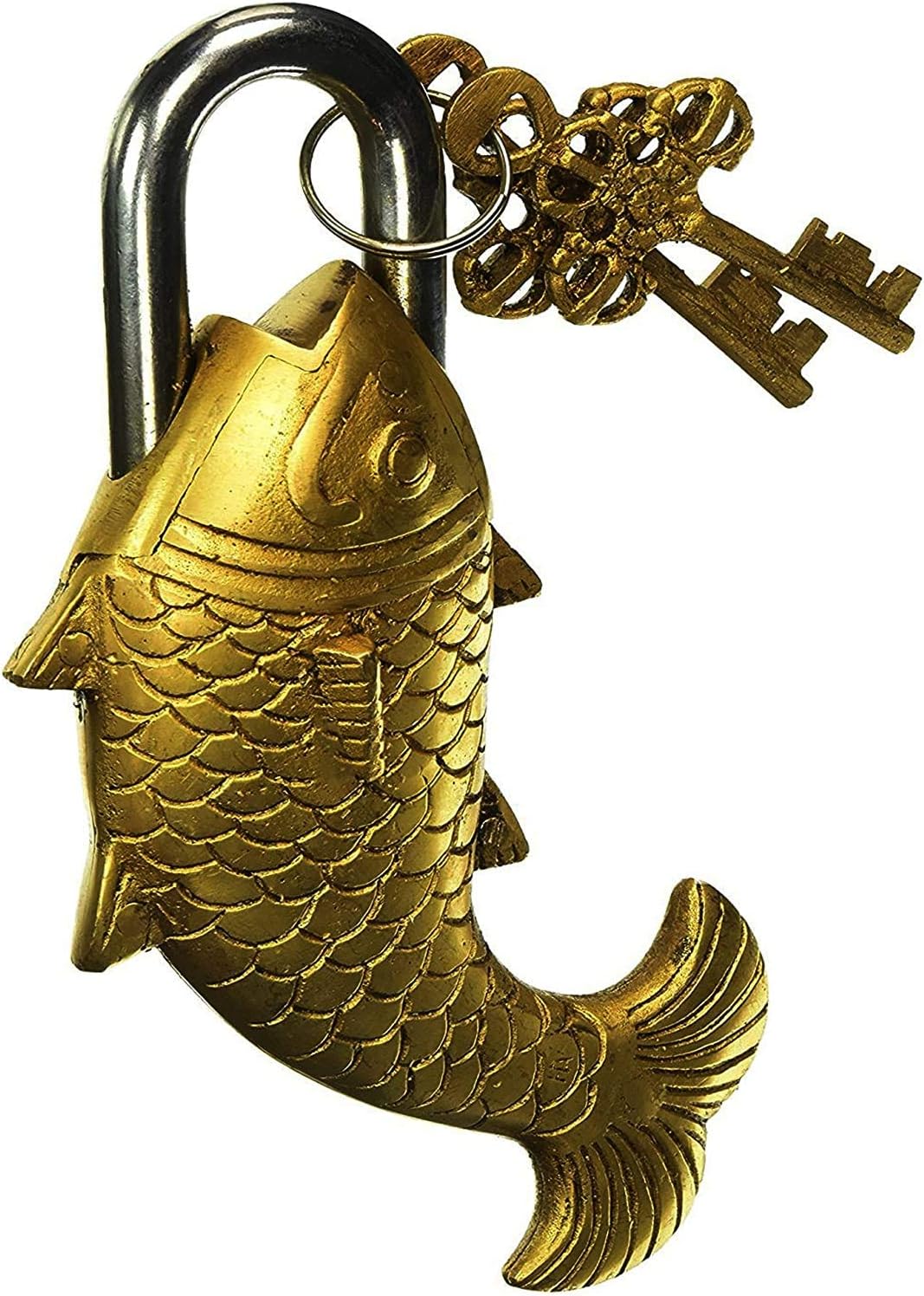 Brass Door Padlock Fully Functional Handmade Antique Design with Keys Unique Collectible Locks Combination of Style & Security (Big-Fish-Gold)