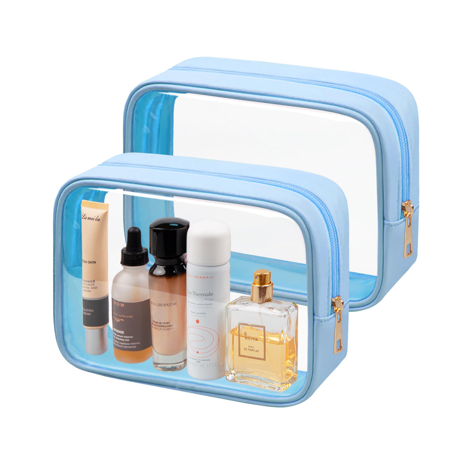 TSA - Neceser transparente para maquillaje y artículos esenciales de viaje, para hombres y mujeres, 2 unidades, Azul