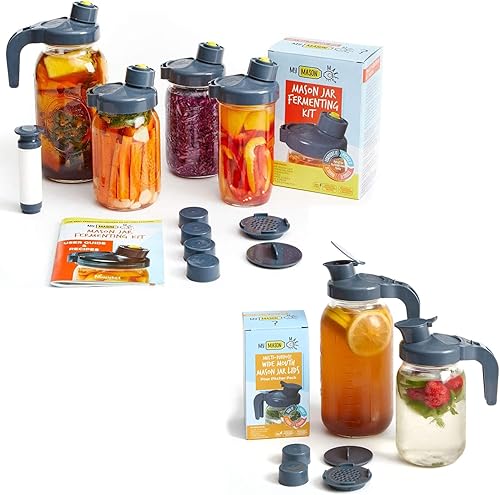 My Mason Makes Fermentation Kit  Incluye 4 tapas de tarro de fermentación de boca ancha Mason Airlock, bomba, accesorios para bebidas y My Mason
