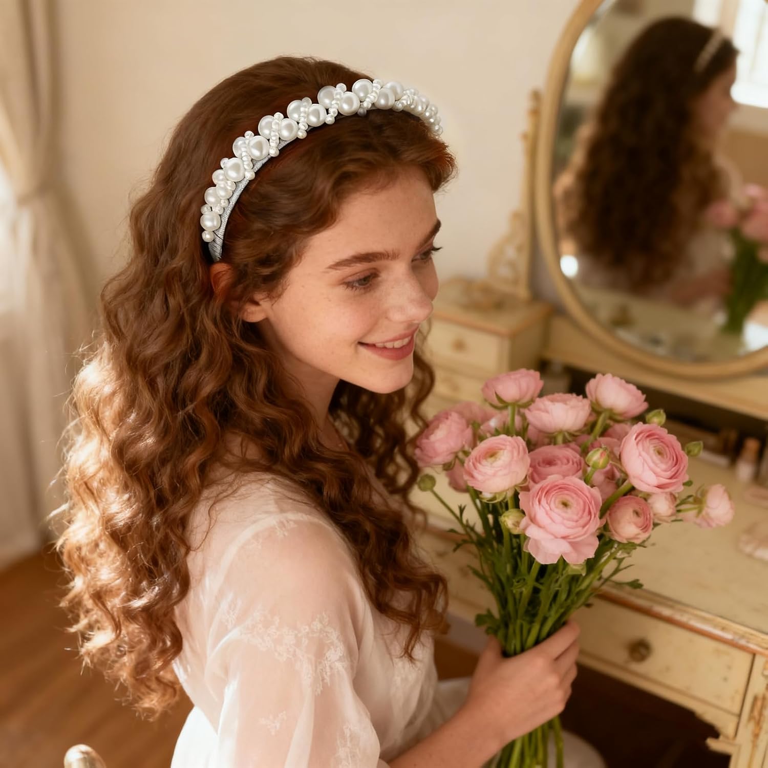 1 Pcs Pearl Headband for Women Girls, Elegant White Faux Pearl Head Band, Fashionable Hair Hoop Headpiece for Wedding Party Birthday Photography Daily Accessories, for Head Circumference 18-20in - Image 6