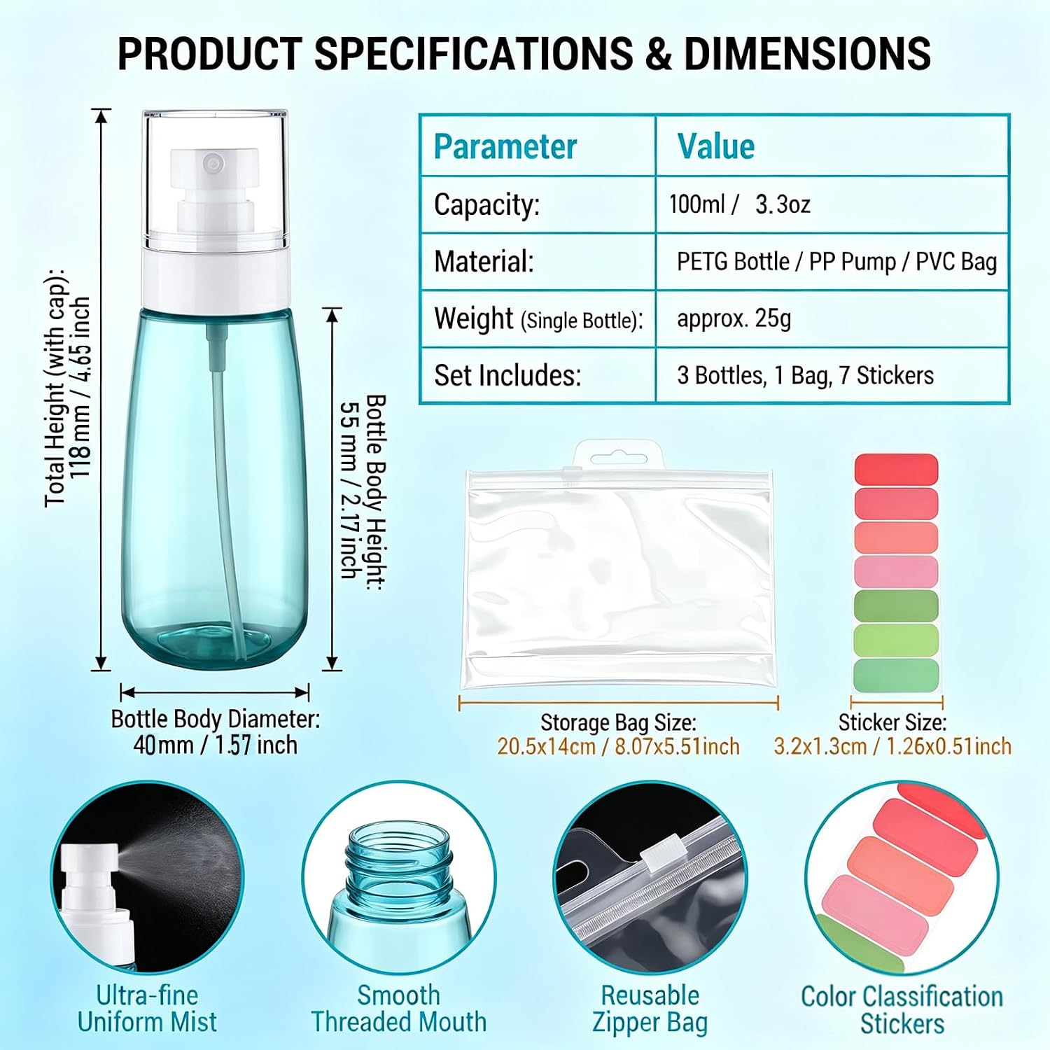 3Pcs 2oz Blue Plastic Spray Bottles with Labels & Storage Bag