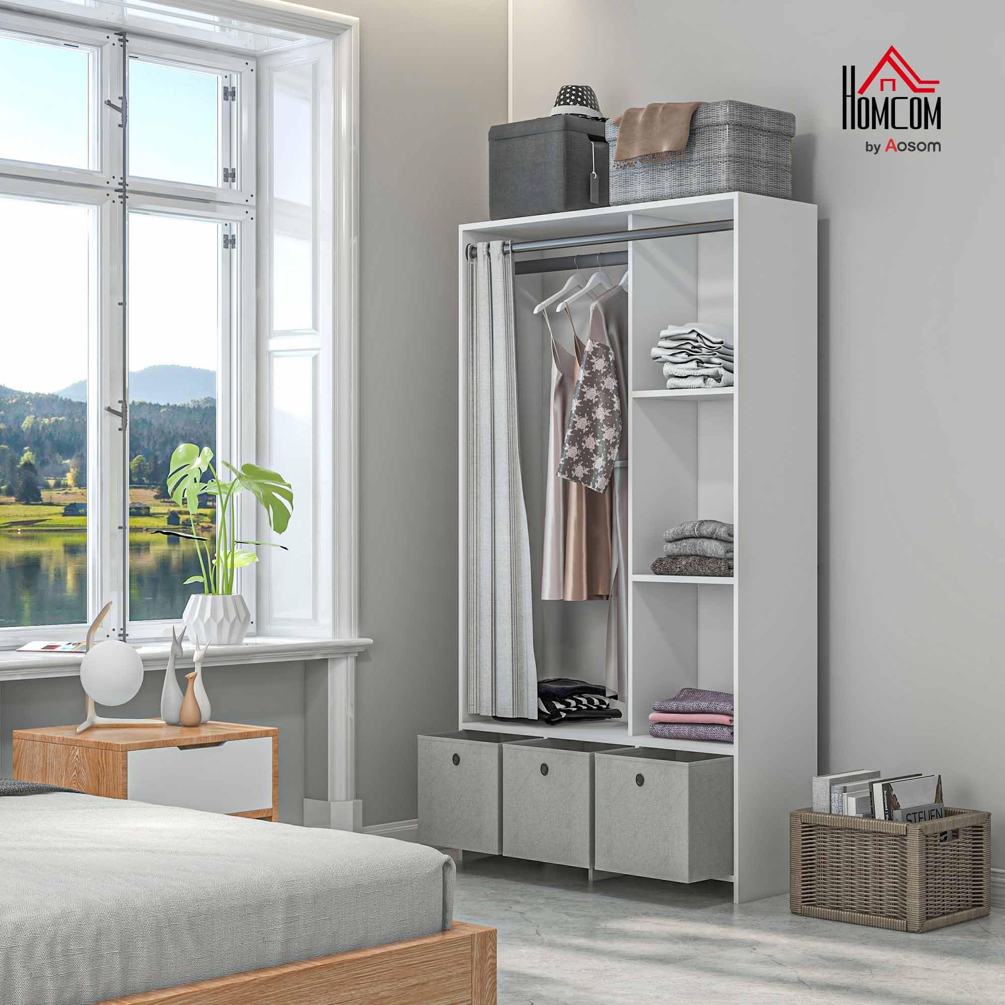 HOMCOM Armoire penderie, Dressing avec Rideau, Armoire Chambre vêtement, Garde-Robe avec Tringle, 3 Compartiments et 3 tiroirs en Tissu Amovibles - 105 x 48 x 160 cm, Blanc