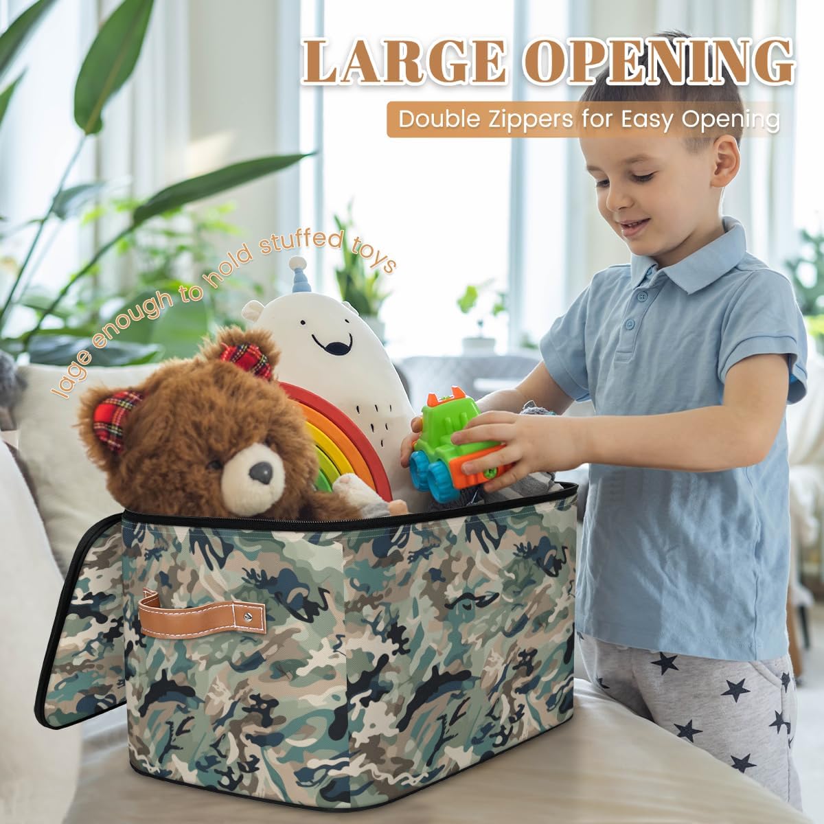 Storage Bin Set of 2 Green Camo Storage Basket with Zipper Lid & Handle Foldable Closet Shelf 2 Pack Cloth Organizer Basket Cube Bins Clothes Organizer for Bedroom, Nursery