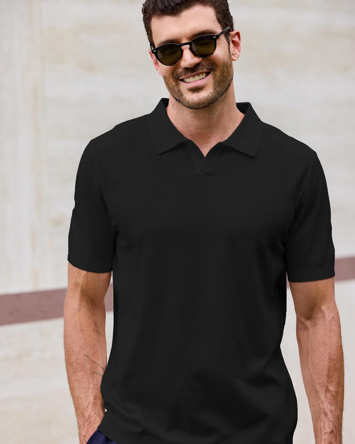 Kallspin Men's Polo Shirts Short Sleeve V Neck Collared Textured Knit Pullover Top Breathable Casual Summer Golf Beach Shirt - Image 6