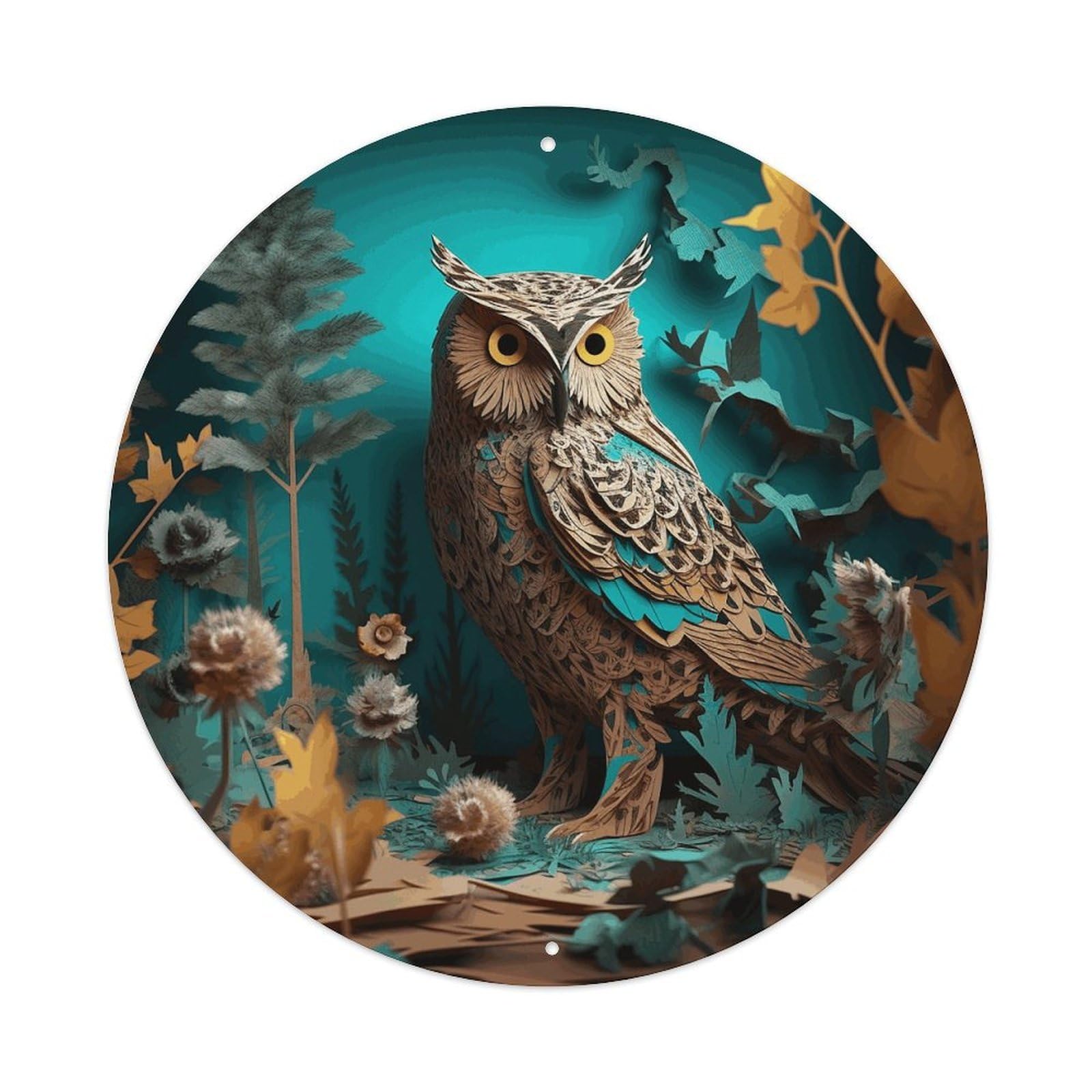 LZQPOEAS Owl Round Aluminum Wall Art Sign, Metal Indoor Wall Decor with Holes, Durable Circular Aluminum Plaque for Home, Bar, Cafe, Living Room, And Office Decoration