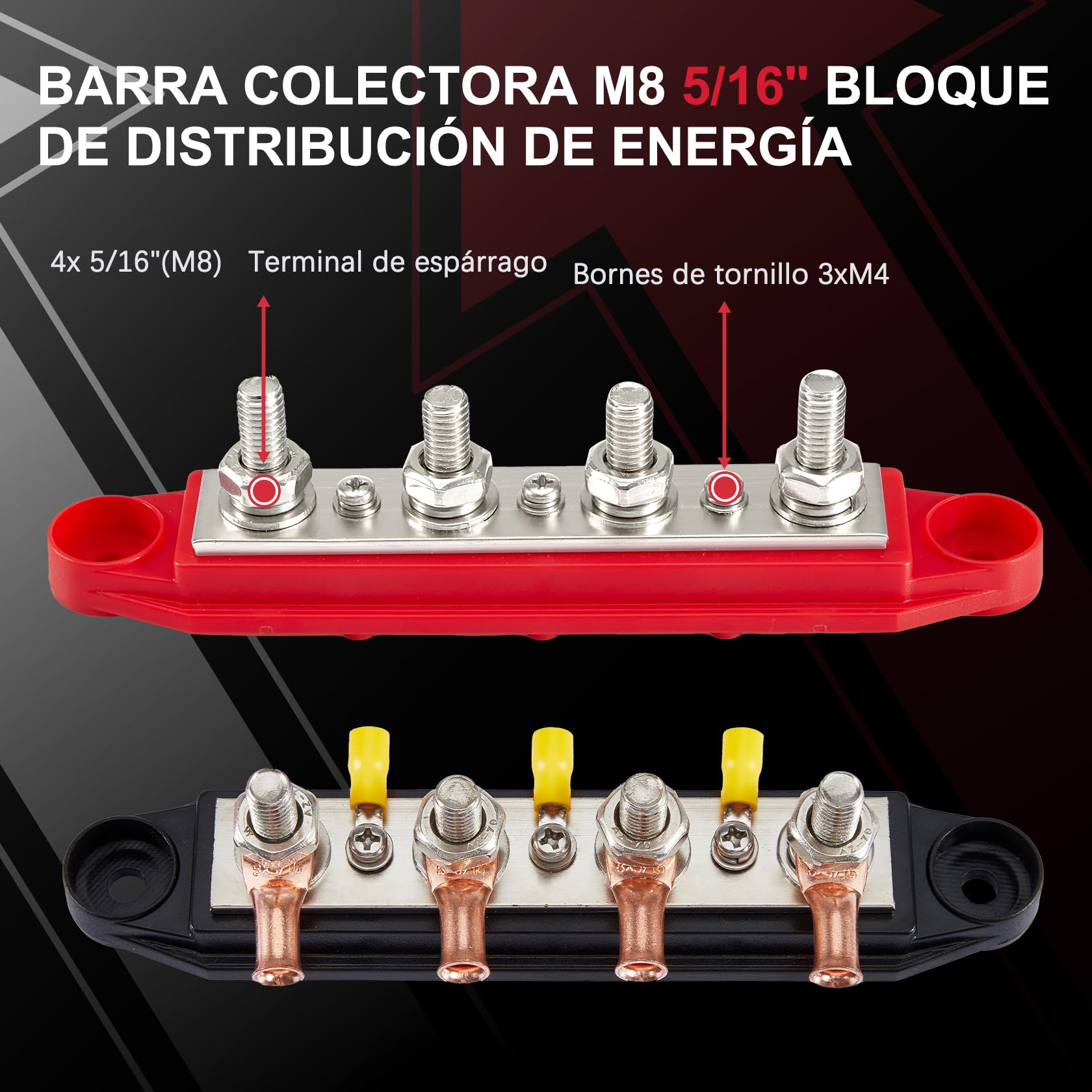 Pindex Bloque Colector M8 250 A CC 12 V-48 V Con 4 Pernos de Terminales M8, Bloque de Distribución de Corriente M8, Barra Colectora de 12 V para Autocaravanas Barcos Yates Coche RV Camión