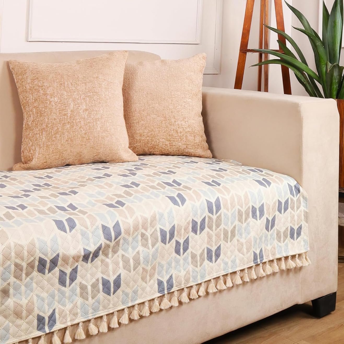 3 Seater Printed Quilted Velvet Sofa Slip Cover Protector with Tassels-image-20