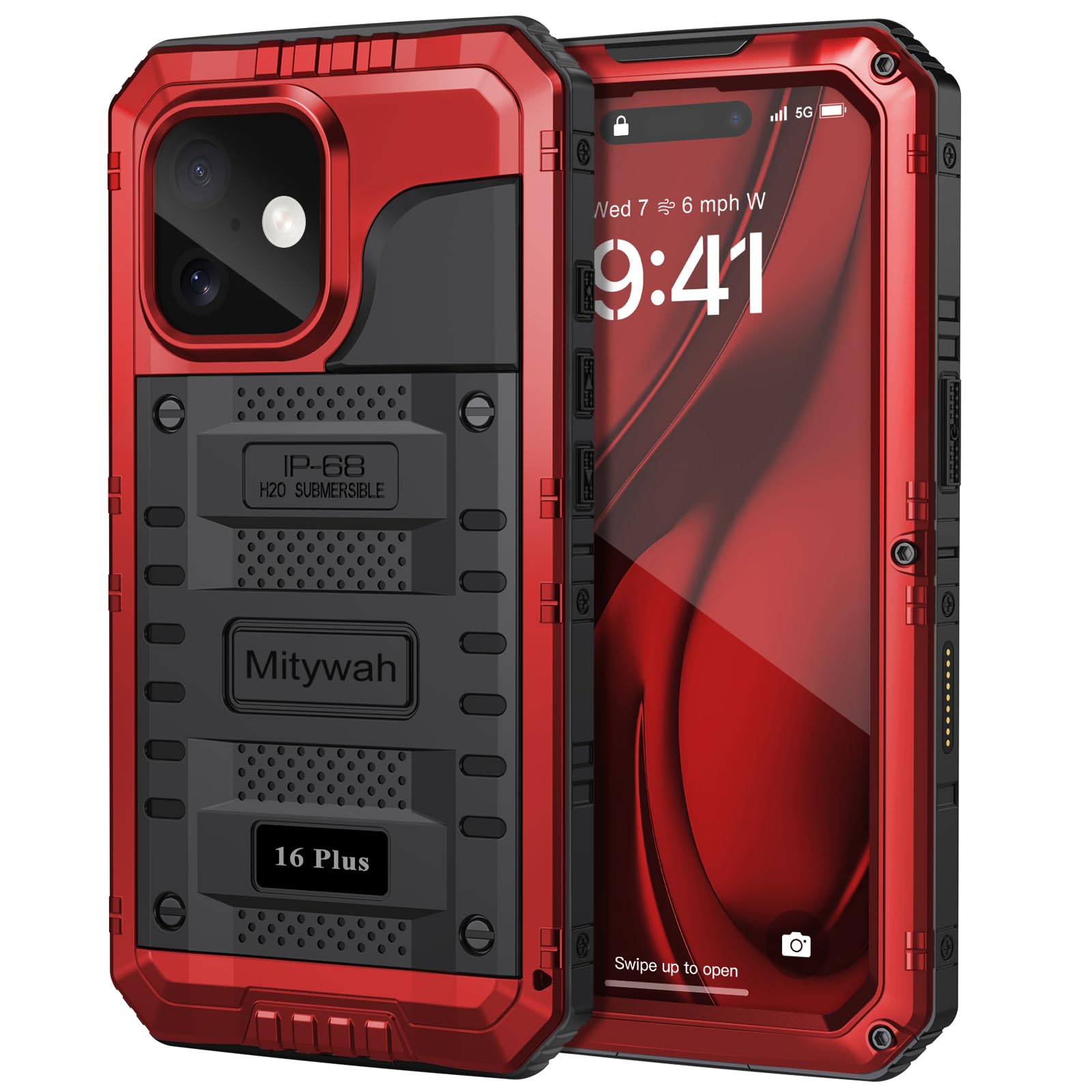 Mitywah Waterproof Case for iPhone 16 Plus, Shockproof Heavy Duty Case with Built-in Screen Protector, Underwater Full Body Protective Metal Case 6.7
