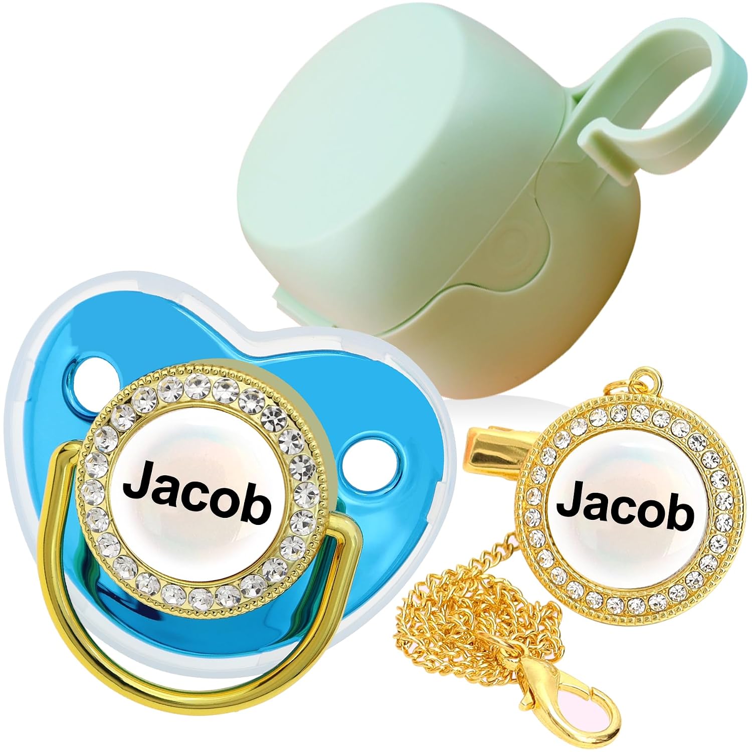Personalized Pacifier with Name, Bling Gold Pacifier Clip Set Storage Box, Customized Halloween and Christmas Glitter Crystal Luxurious Soother Ideal Gift for Baby Shower Photography Newborn (Pink)